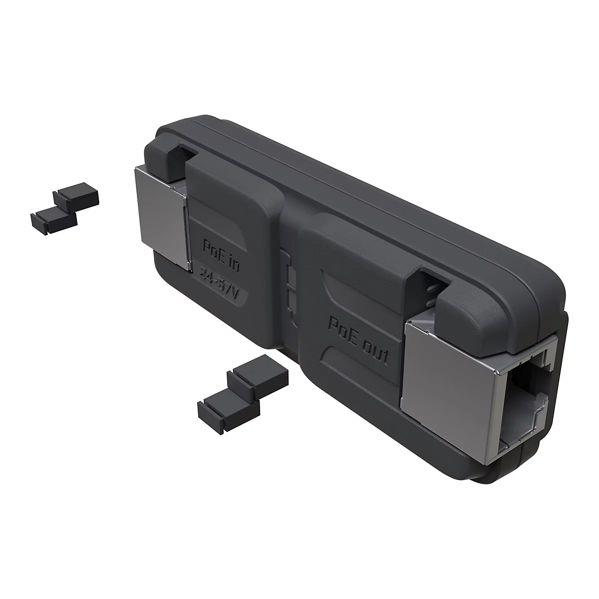 Schwarzer PoE-Adapter mit Anschlüssen für PoE in und PoE out, isoliert auf weißem Hintergrund.