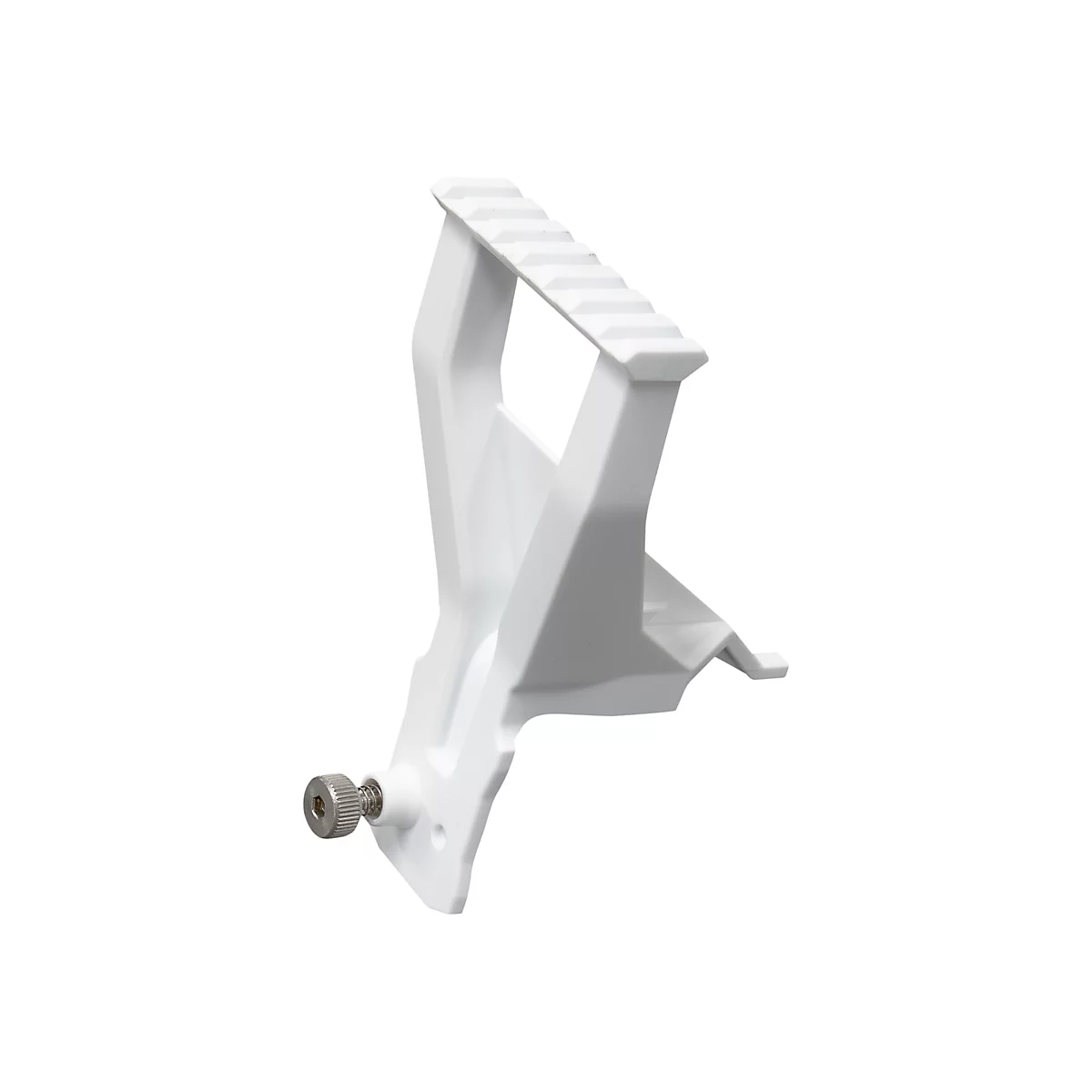 Ein weißer, L-förmiger Kunststoffhalter mit geriffelter Auflagefläche und einer silbernen Innensechskantschraube.