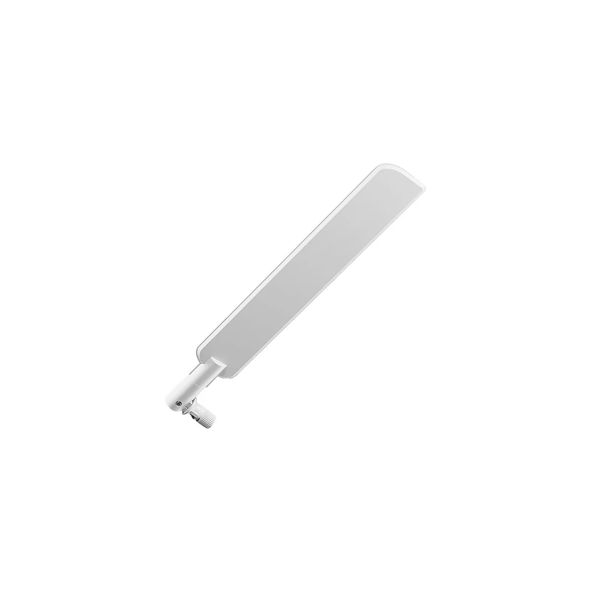 Weiße, längliche WLAN-Antenne mit Gelenkfuß vor weißem Hintergrund.
