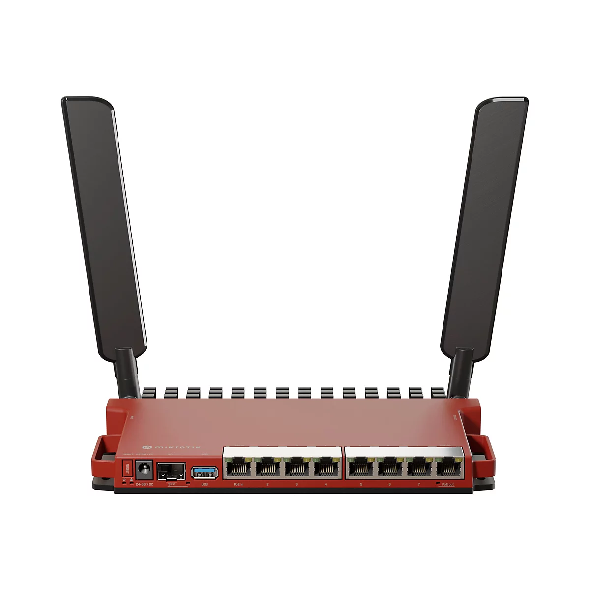 Ein rotes Router Gerät mit zwei schwarzen Antennen steht auf weißem Hintergrund. Auf der Vorderseite befinden sich mehrere Ports und Anschlüsse.