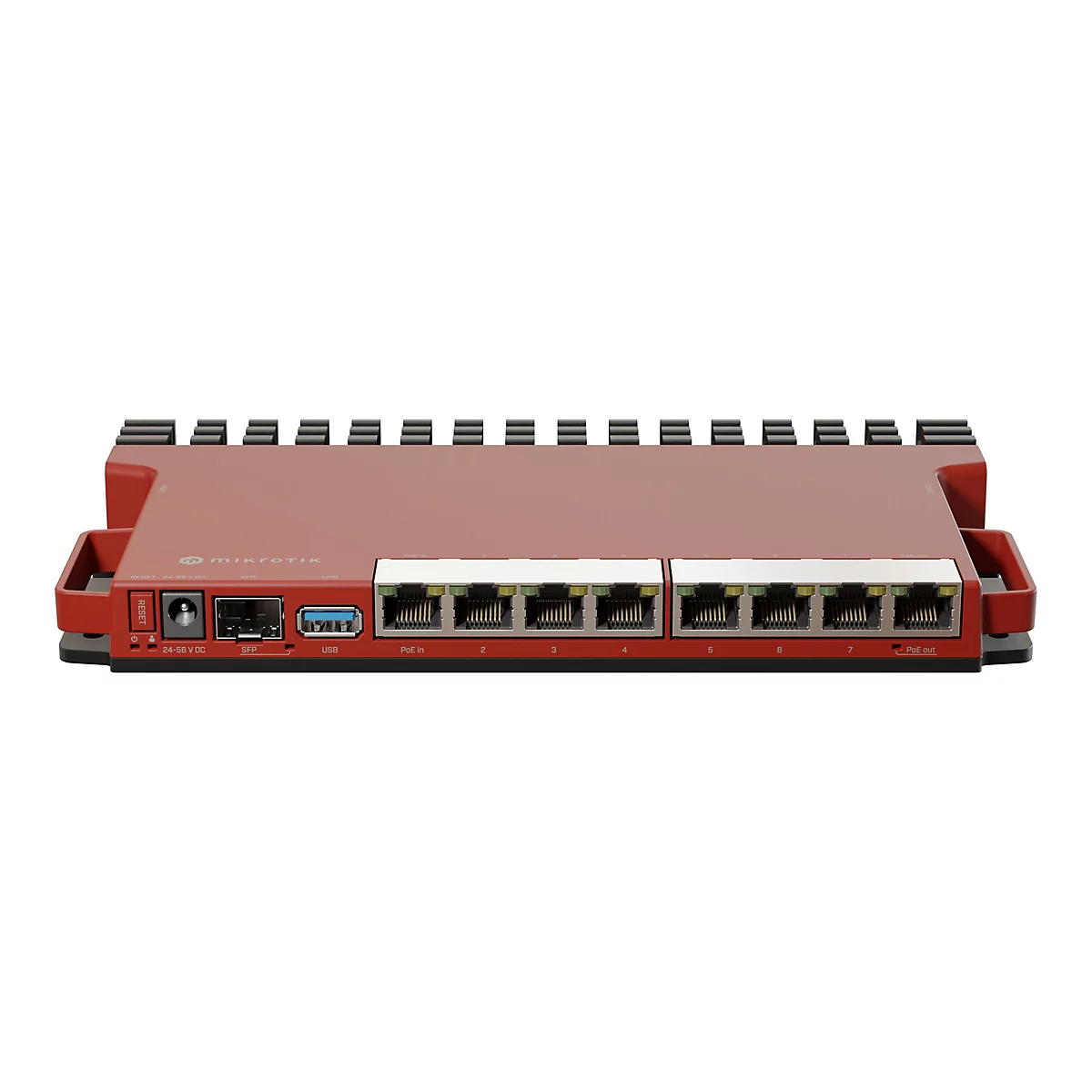 Ein rotes Netzwerkgerät mit mehreren Anschlüssen und dem Logo von Mikrotik. Es hat Anschlüsse für Strom, SFP, USB und PoE. Oben befinden sich mehrere Lüfteröffnungen.