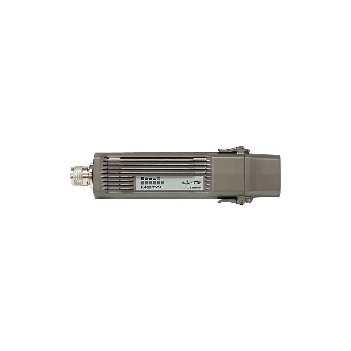 Metallenes, zylindrisches MikroTik Router Gehäuse mit Antennenanschluss und Typenschild auf weißem Hintergrund.