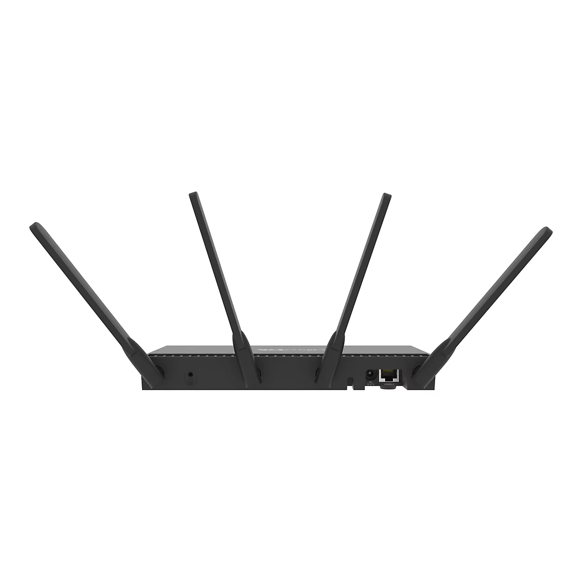 Schwarzer Router mit vier Antennen, gegen weiÃŸen Hintergrund. RÃ¼ckseite mit AnschlÃ¼ssen.