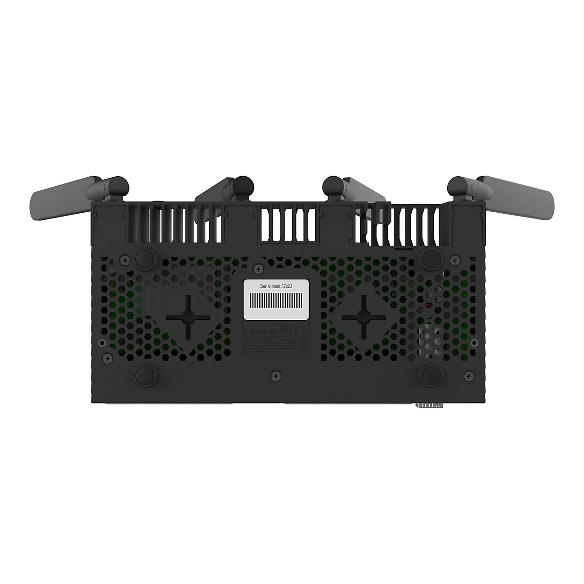 RÃ¼ckseite eines schwarzen Routers mit Antennen, LÃ¼ftungsschlitzen und einem Etikett.