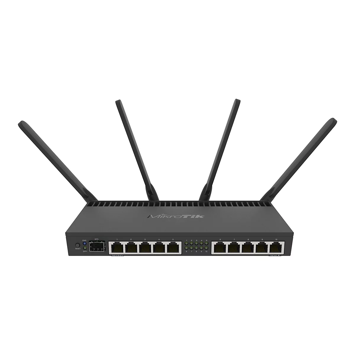 Schwarzer Router mit vier Antennen, mehreren AnschlÃ¼ssen und dem Schriftzug MikroTik. Auf weiÃŸem Hintergrund.