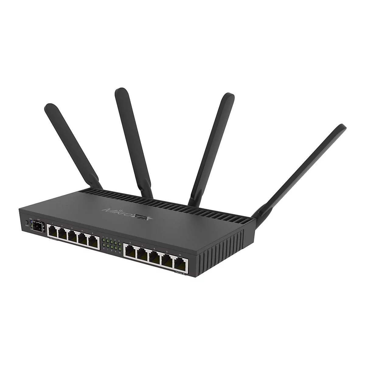 Ein schwarzer Router mit mehreren Antennen und AnschlÃ¼ssen.