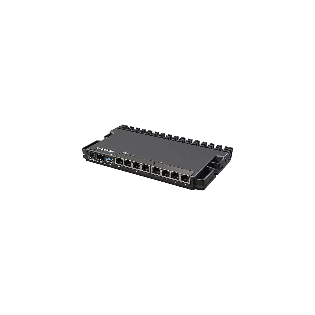Schwarzes Netzwerkgerät mit Anschlüssen und Aufschrift MicroTik. Ports sind durchnummeriert, ein USB-Port ist zu sehen.