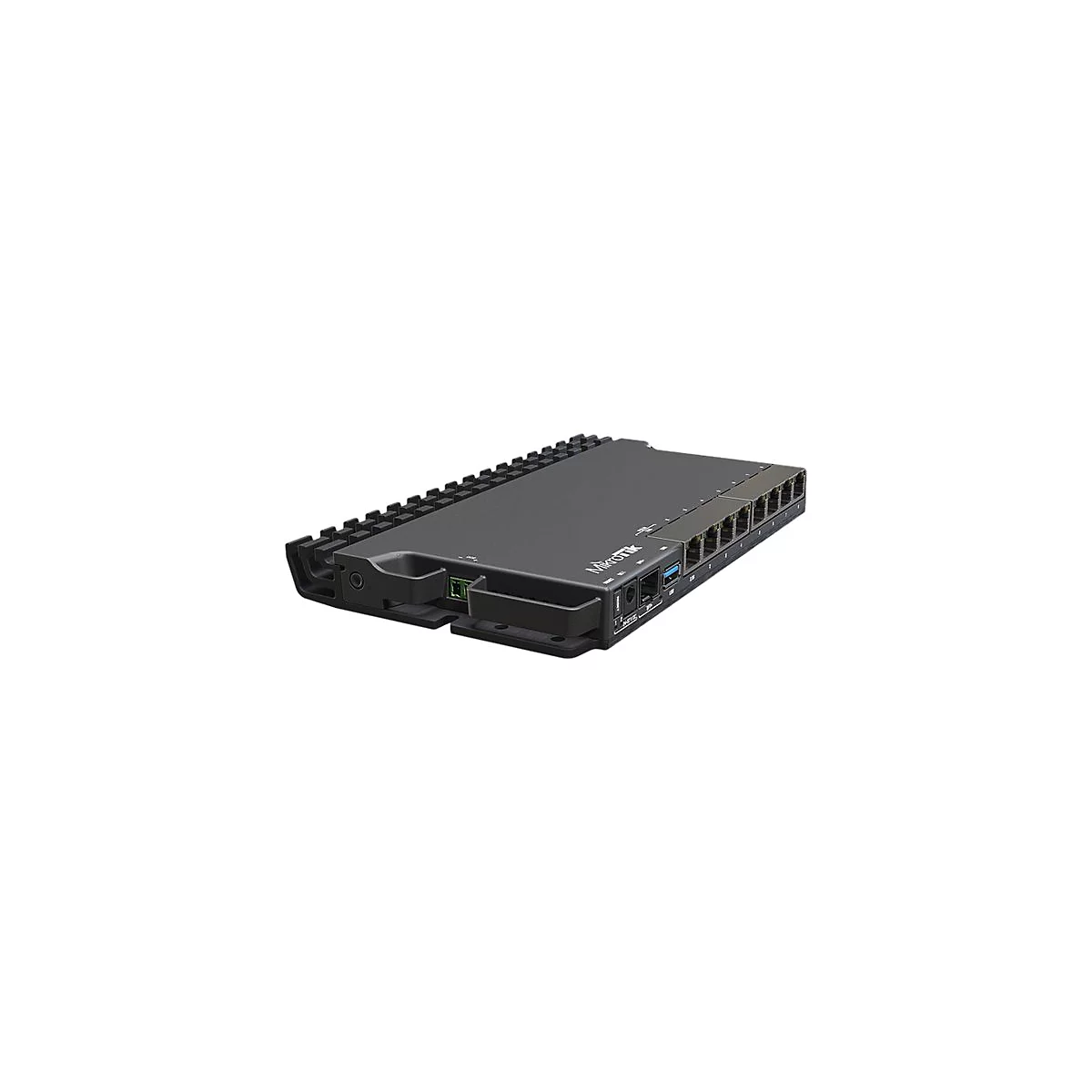 Schwarzer Router mit Ethernet-Anschlüssen, der von MikroTik hergestellt wurde. Das Gerät hat eine kantige Form und eine Textur auf der Oberseite.