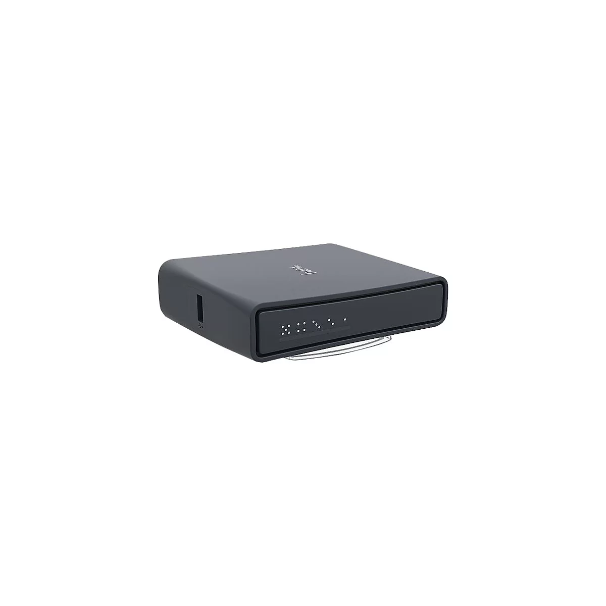 Dunkelgraue Set-Top-Box mit abgerundeten Ecken und beleuchtetem Display. Logo oben rechts.