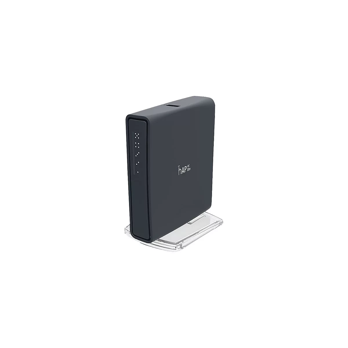 Dunkelgrauer Router mit transparentem StandfuÃŸ, Seitenansicht. Oben: Schlitz. Vorne: kleine Leuchtpunkte. Logo: hAP ac3.