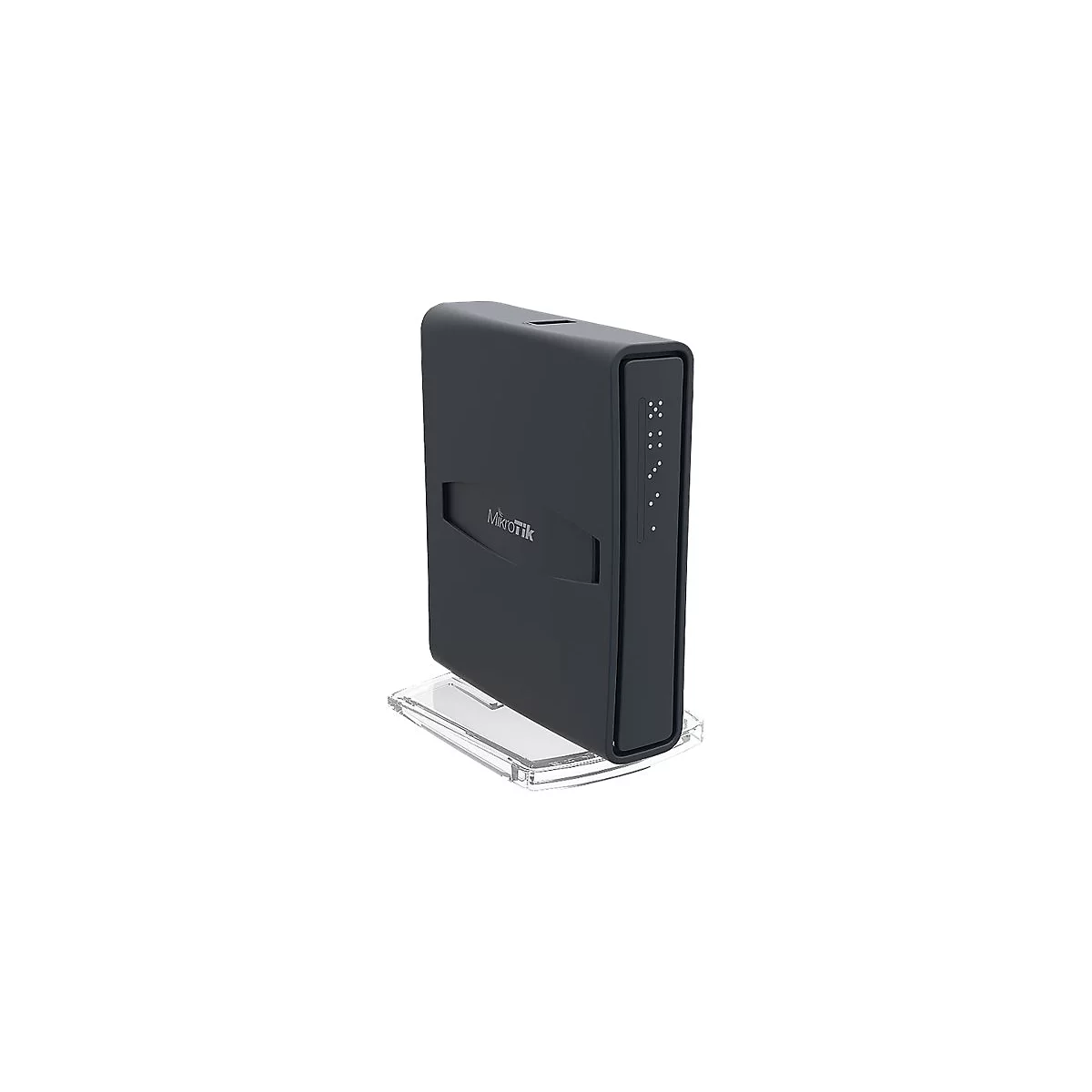 Schwarzer Mikrotik Router auf transparentem StÃ¤nder. Logo. Auf der Vorderseite befinden sich Leuchtpunkte.