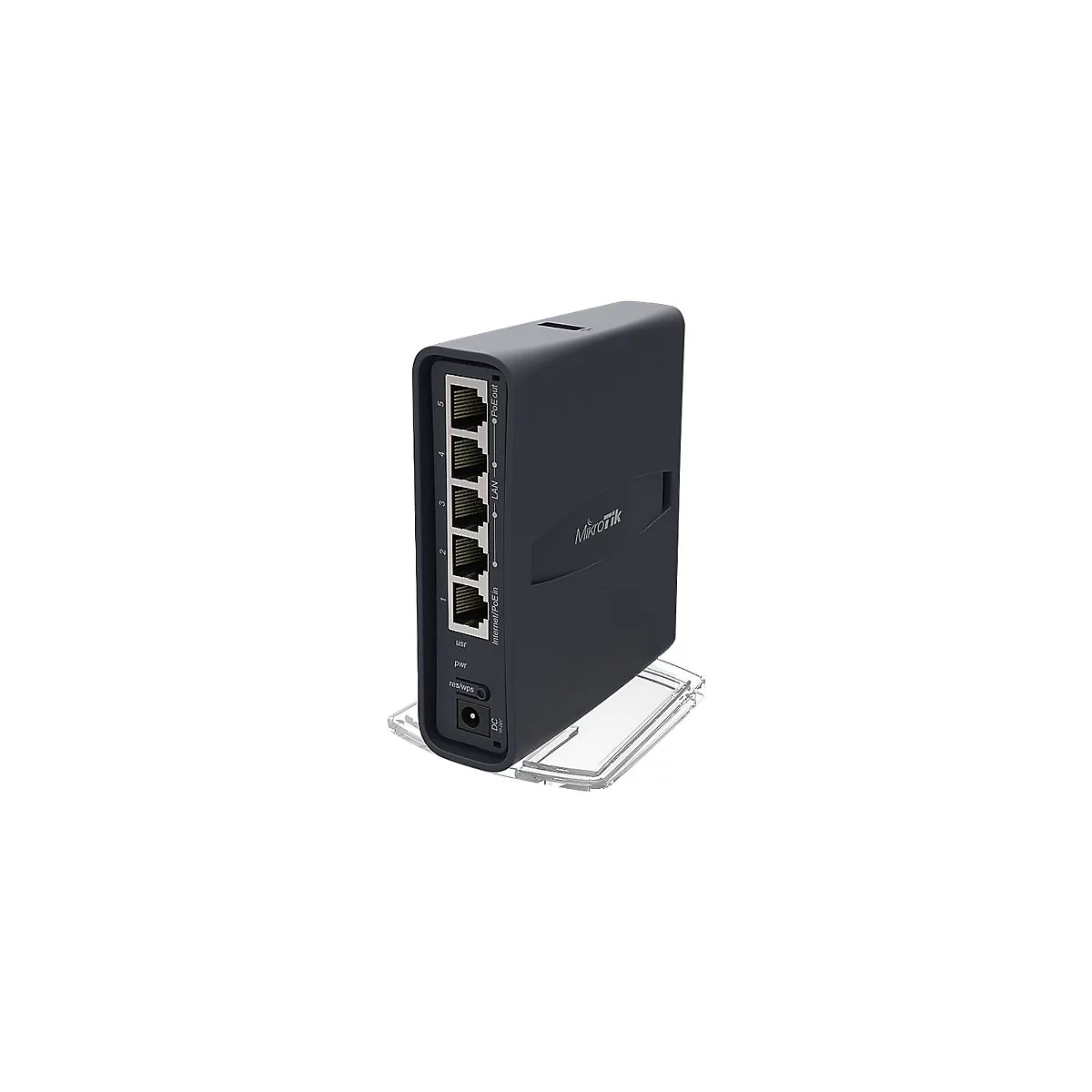 Dunkelgrauer Router mit mehreren Ethernet-AnschlÃ¼ssen, Logo von Mikrotik, auf einem transparenten Sockel.