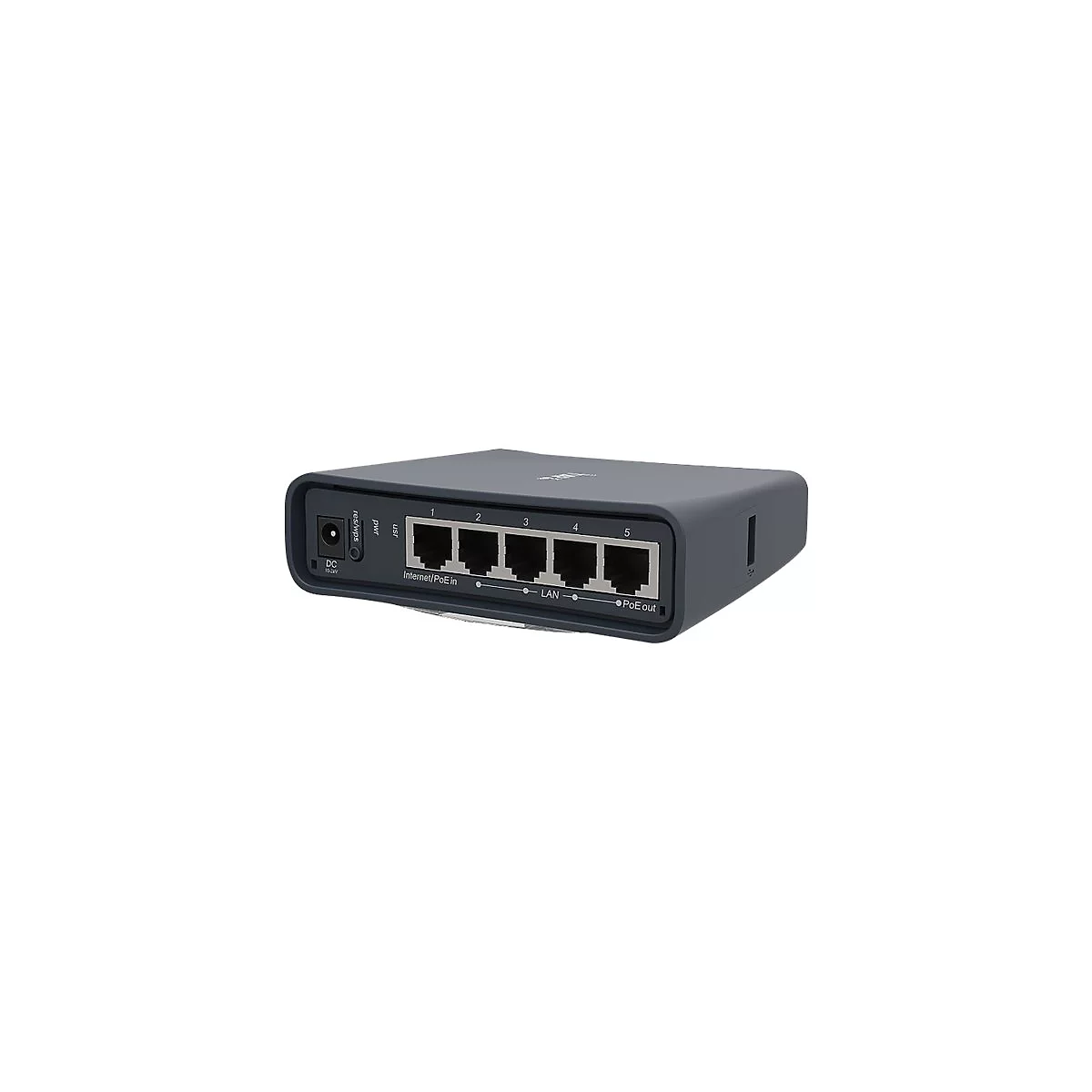 Ein dunkelgrauer Netzwerk-Switch mit fÃ¼nf LAN-AnschlÃ¼ssen und Bezeichnung. Auf der linken Seite befinden sich AnschlÃ¼sse fÃ¼r Strom und Reset.