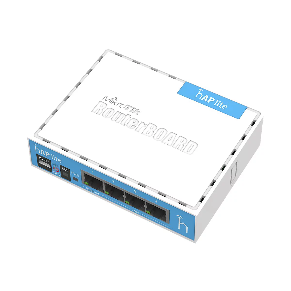 Ein weiÃŸer Router mit blauen Elementen, hAP lite Schriftzug, Mikrotik RouterBOARD. Oben rechts ein kleines blaues Rechteck mit Text.