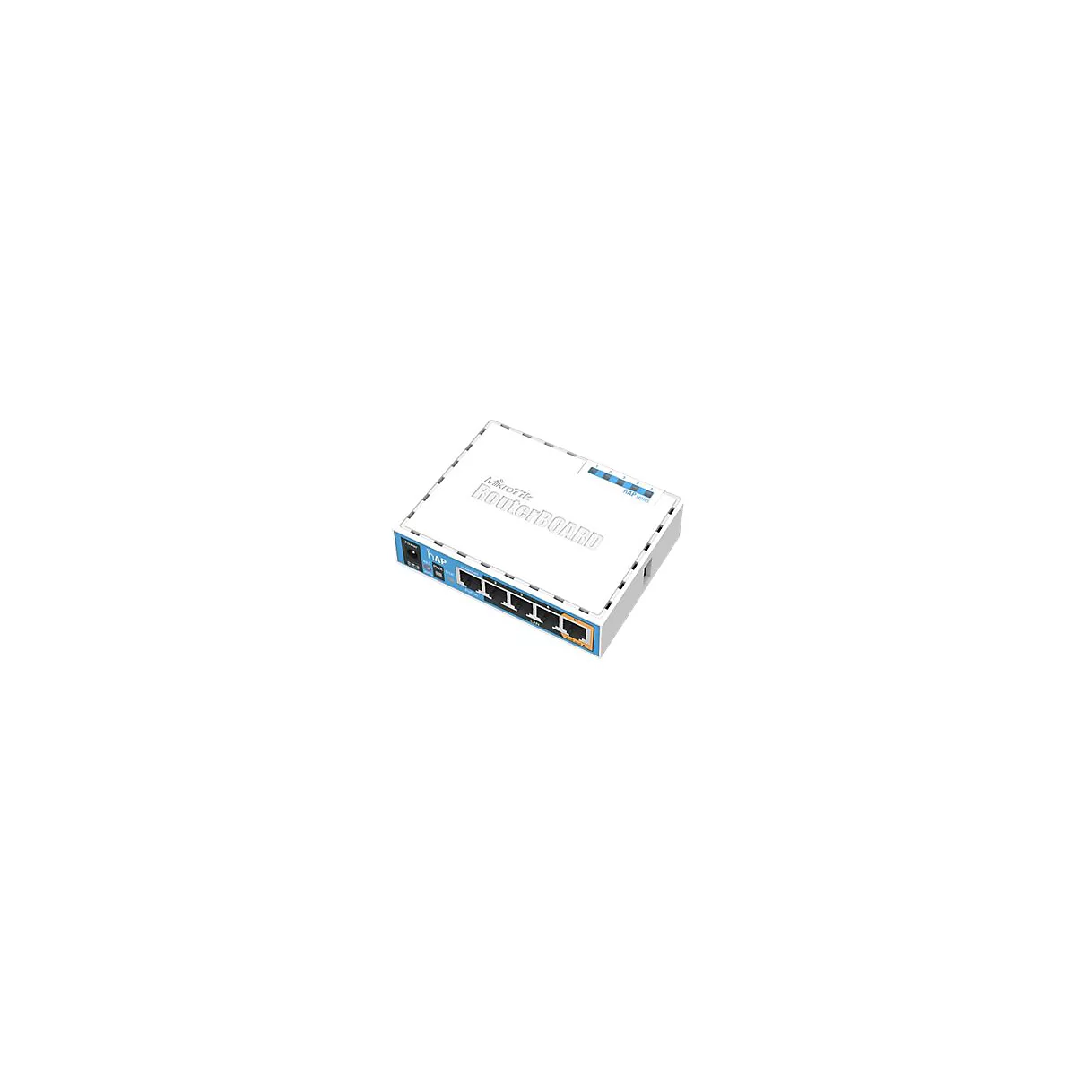 Ein weiÃŸer Router mit blauen Akzenten liegt auf einem weiÃŸen Hintergrund. Er hat mehrere AnschlÃ¼sse und die Aufschrift MikroTik RouterBOARD.