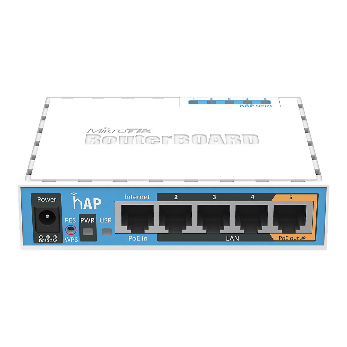 Ein weiÃŸer Router, blau abgesetzt, mit AnschlÃ¼ssen und der Aufschrift RouterBOARD.
