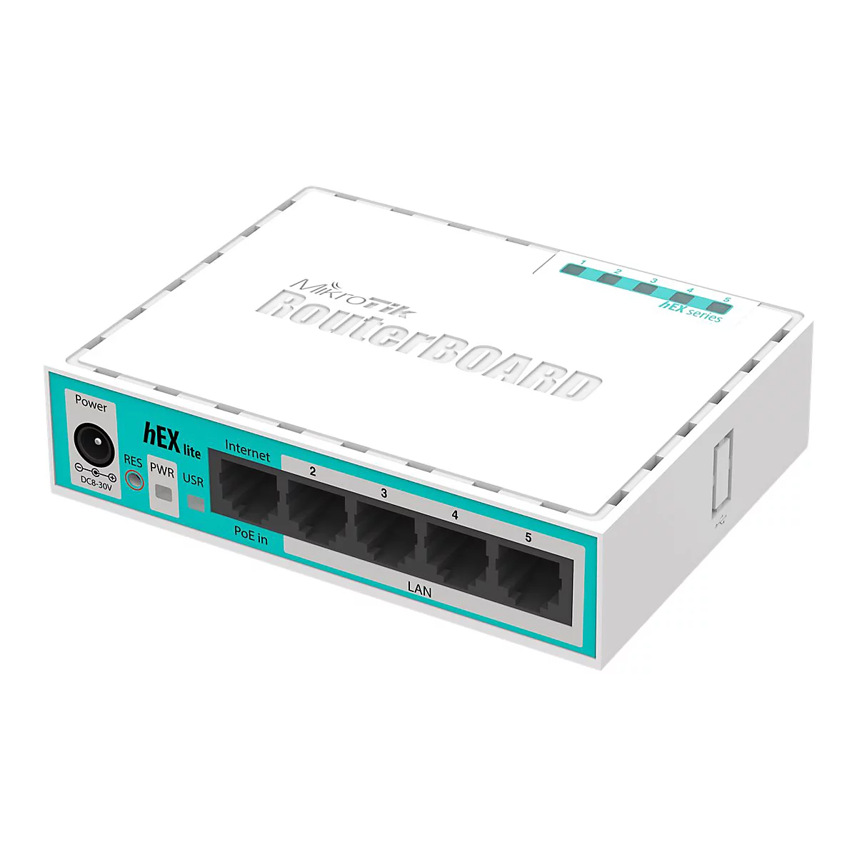 Ein weiÃŸes Routerboard mit tÃ¼rkisfarbenen Akzenten. Darauf befinden sich AnschlÃ¼sse fÃ¼r Internet und LAN.