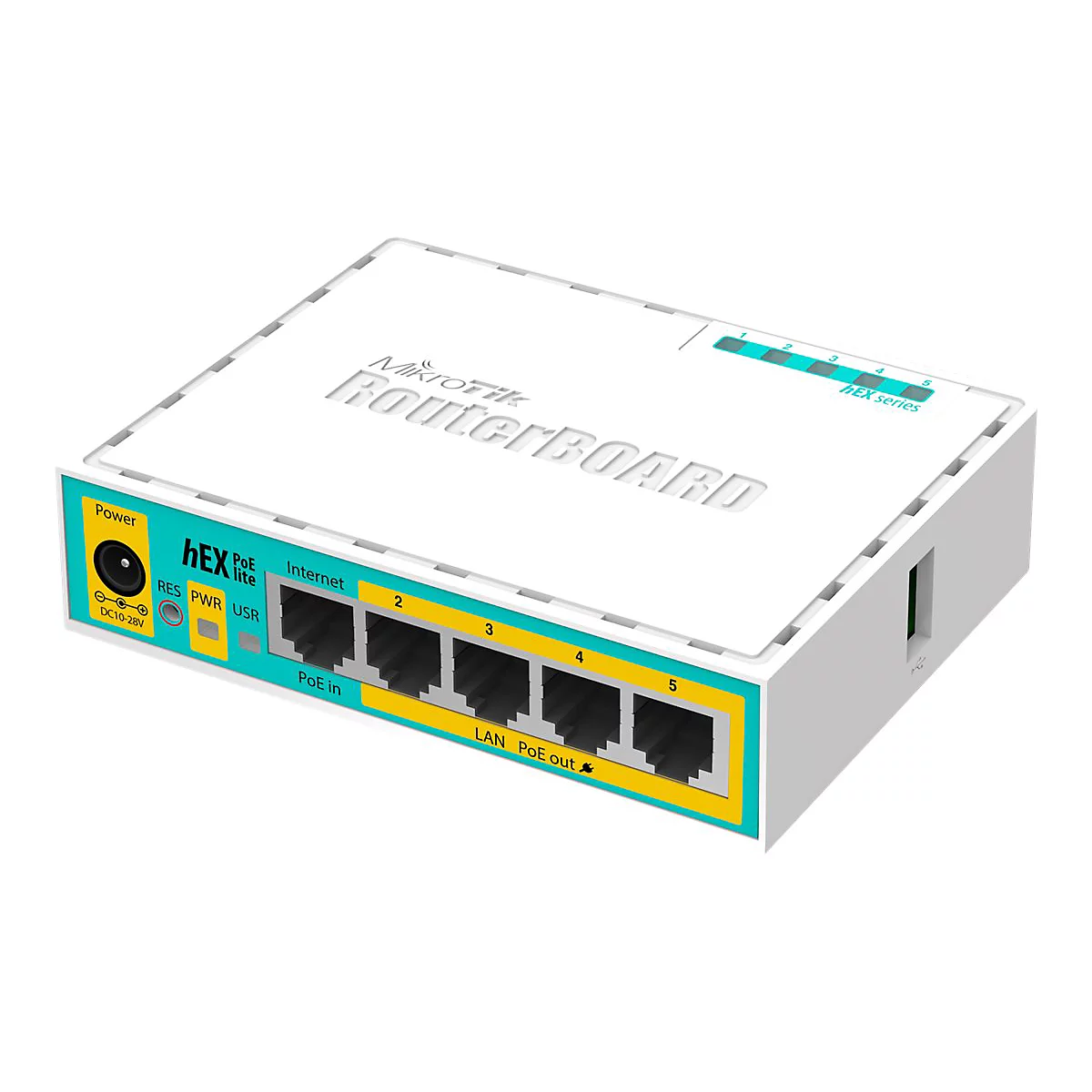 Weißer Router mit blauer und gelber Umrandung, Anschlüssen und Beschriftungen. Oben steht RouterBOARD.