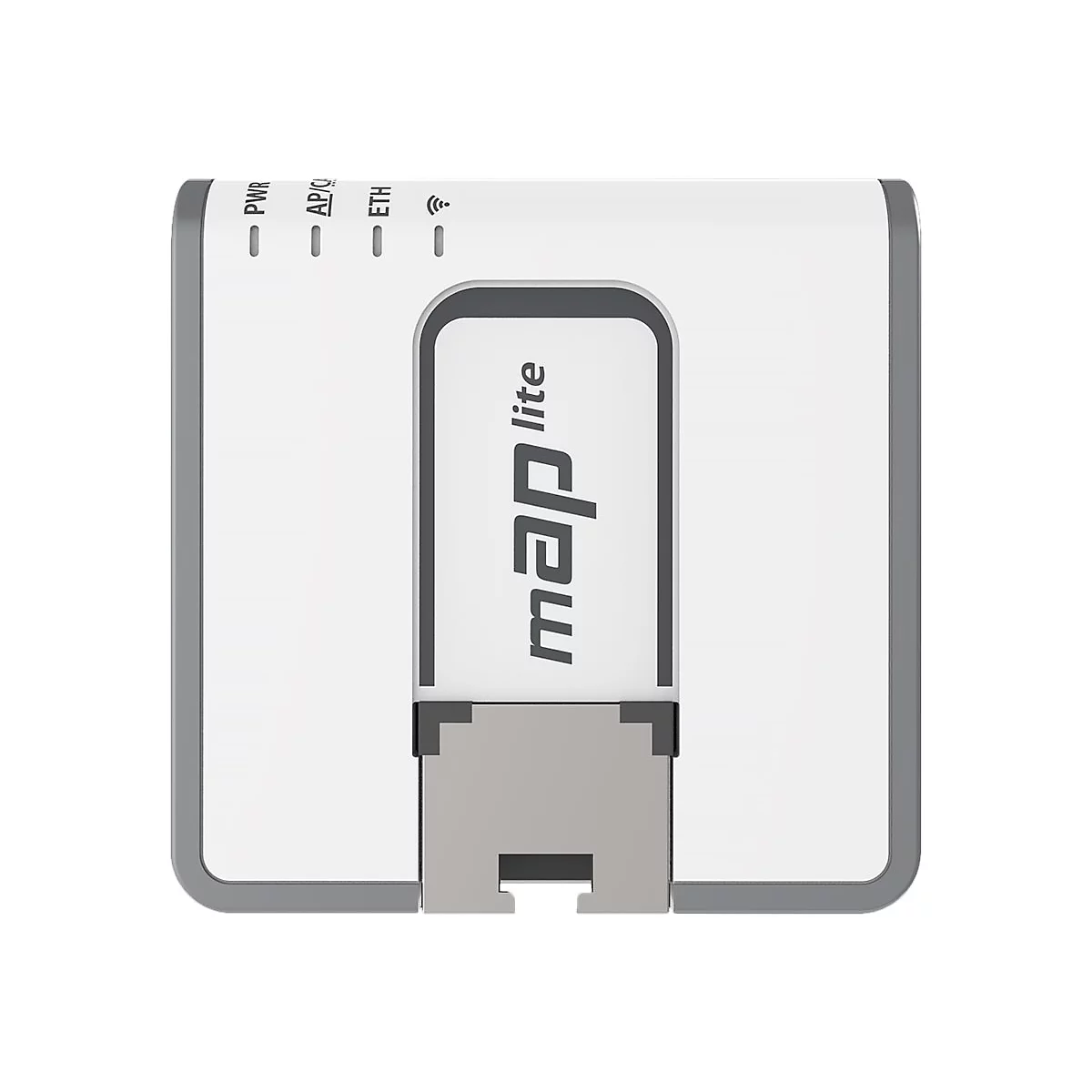 Draufsicht auf einen weiÃŸen Router mit grauen Details. Aufschrift map lite. Oben befinden sich Status-LEDs.