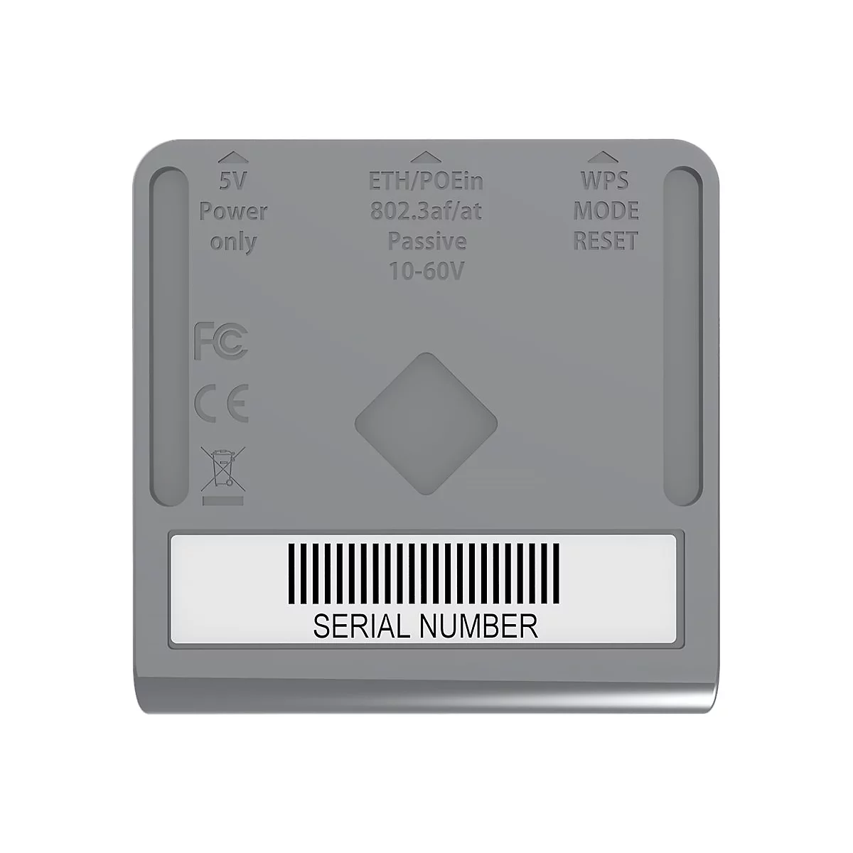 Graues elektronisches GerÃ¤t mit Aufschriften wie '5V', 'ETH/PoE', und einem Barcode mit 'SERIAL NUMBER'.