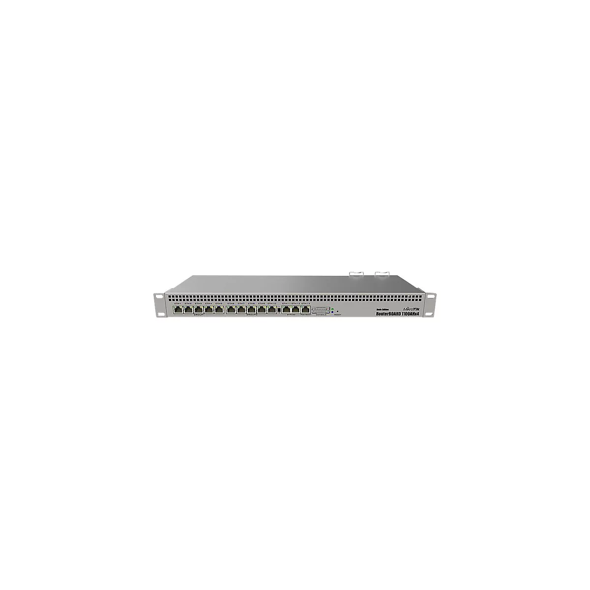 Ein silbernes NetzwerkgerÃ¤t mit vielen AnschlÃ¼ssen und der Aufschrift RouterBOARD 7300GX4.
