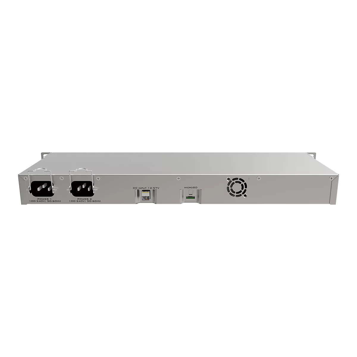 Grauer Server von hinten, mit AnschlÃ¼ssen fÃ¼r Strom, USB und LÃ¼fter.