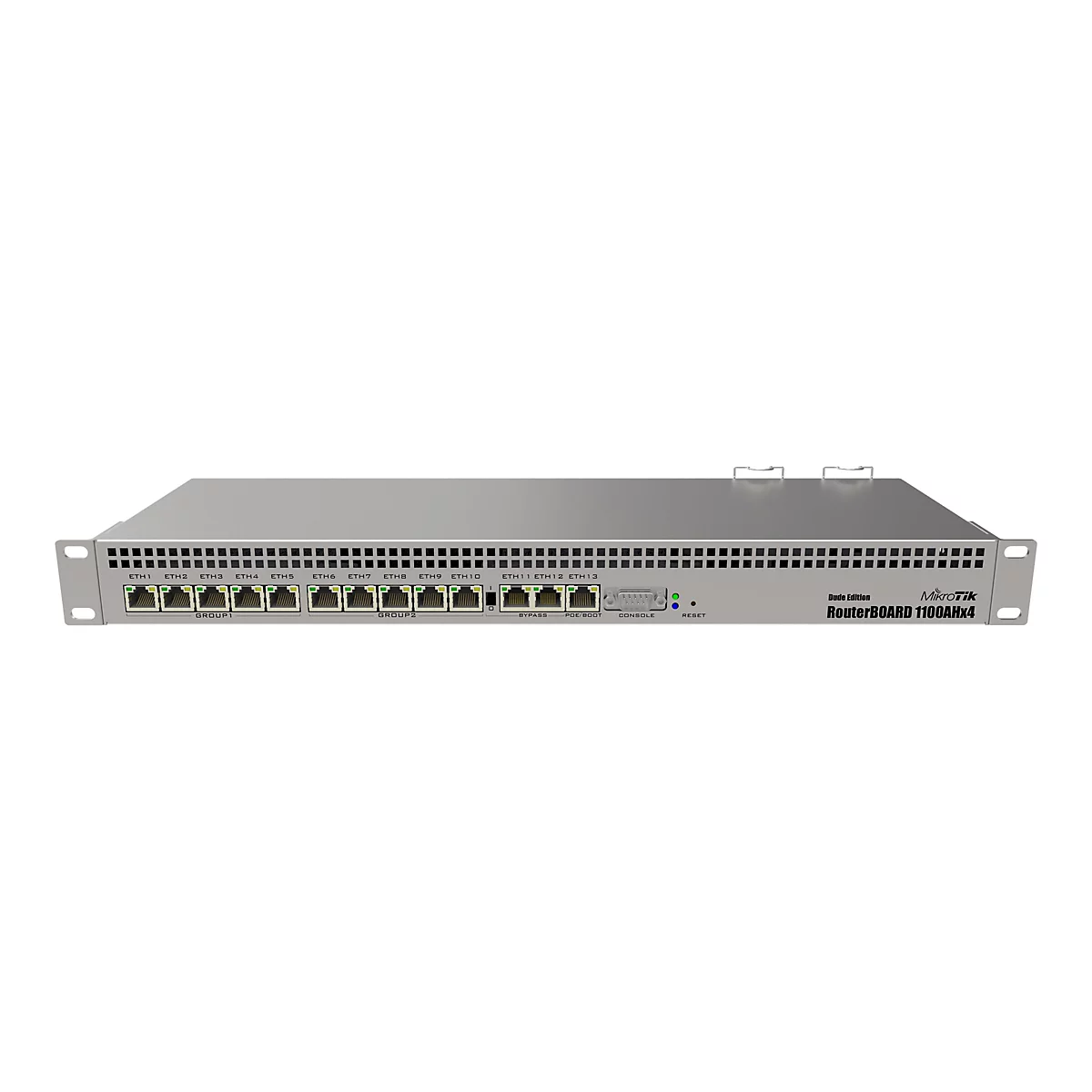 Ein grauer Router mit zahlreichen AnschlÃ¼ssen auf weiÃŸem Hintergrund. Schriftzug: RouterBOARD 1100AHx4.