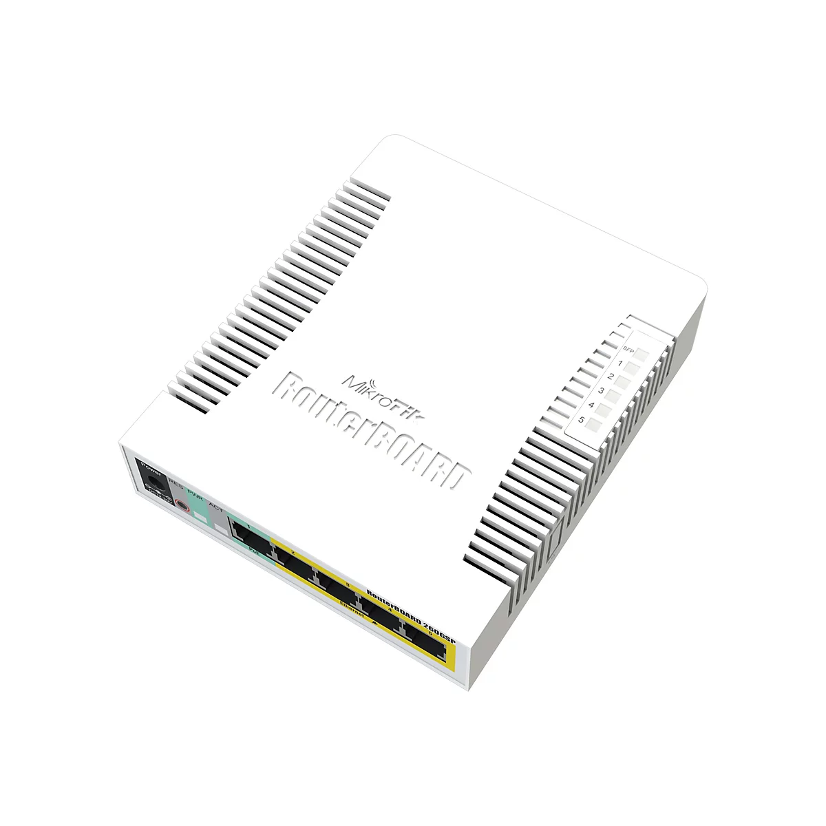 WeiÃŸes Router-GerÃ¤t mit MikroTik RouterBOARD Schriftzug, mehrere AnschlÃ¼sse sichtbar.
