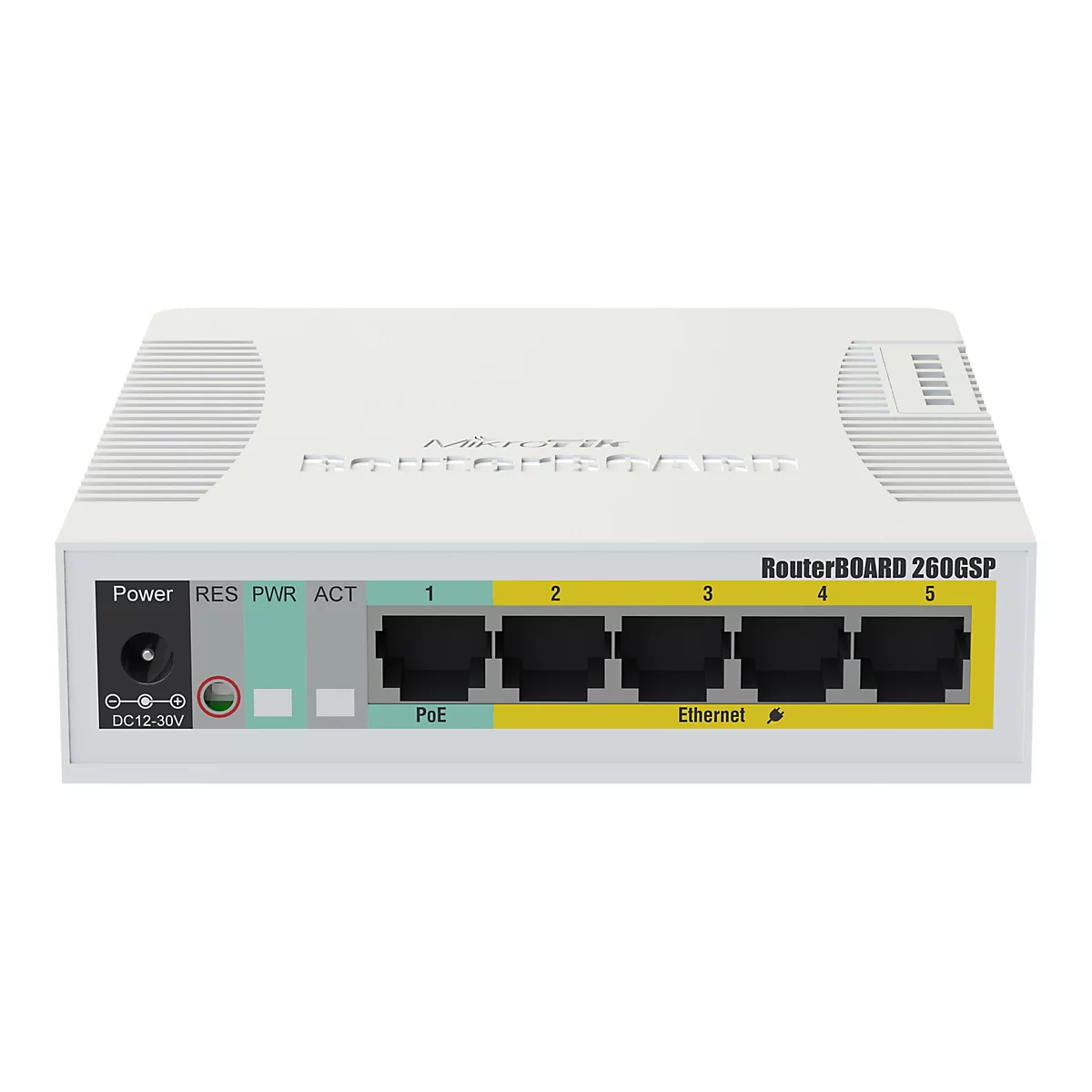 WeiÃŸes Routerboard 260GSP. Auf der Vorderseite befinden sich AnschlÃ¼sse, Kontrollleuchten und der Schriftzug RouterBOARD 260GSP.