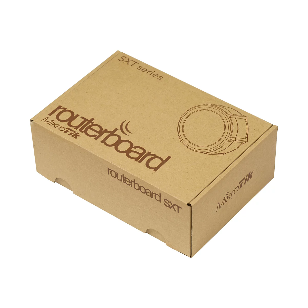 Karton Routerboard SXT Serie, braun mit Aufdruck.