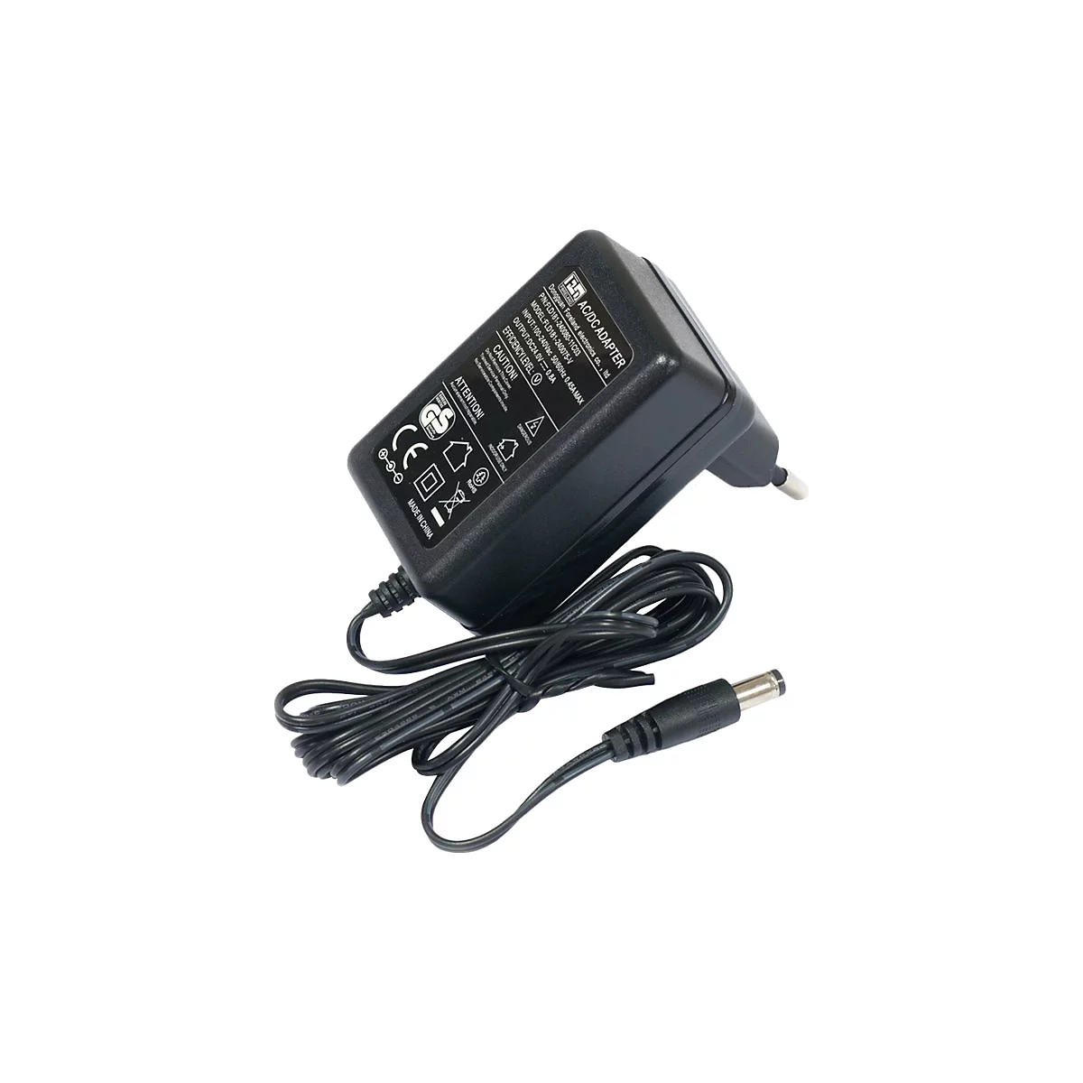 Schwarzes AC/DC-Netzteil mit Kabel und Stecker auf weißem Hintergrund. Aufschrift.