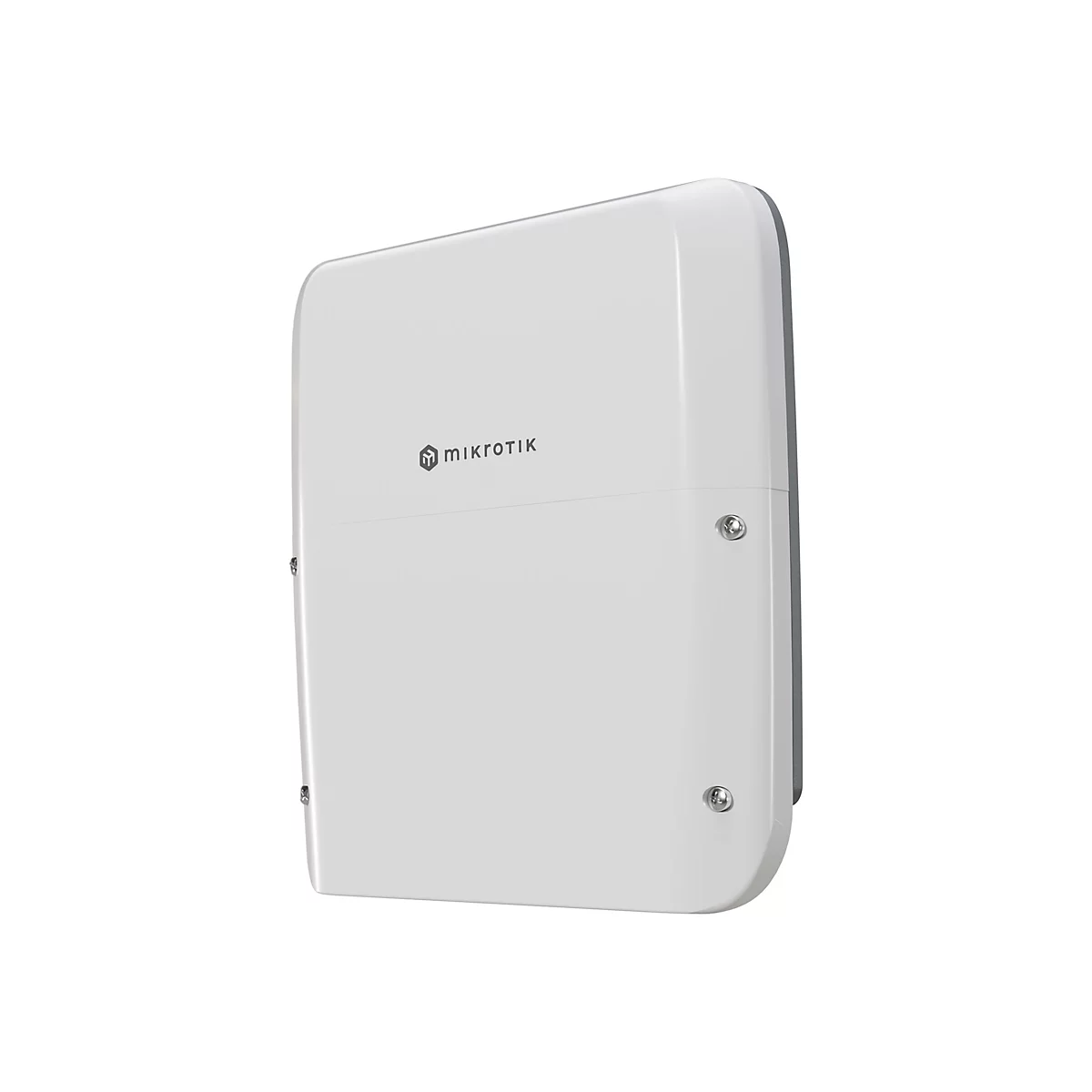 Weißes, rechteckiges MikroTik Outdoor-Gerät mit abgerundeten Ecken und Logo auf der Vorderseite.