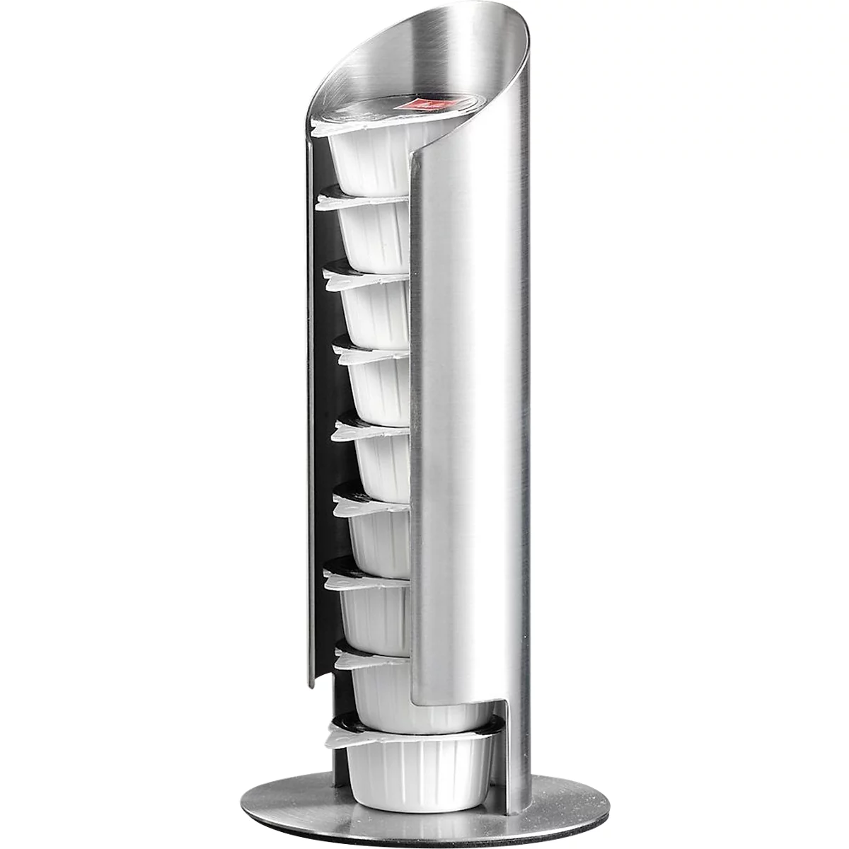 Milchkapselspender Caterado MEMPHIS, für 9 Portionspackungen, spülmaschinenfest, Ø 80 x H 175 mm, Edelstahl gebürstet, silber