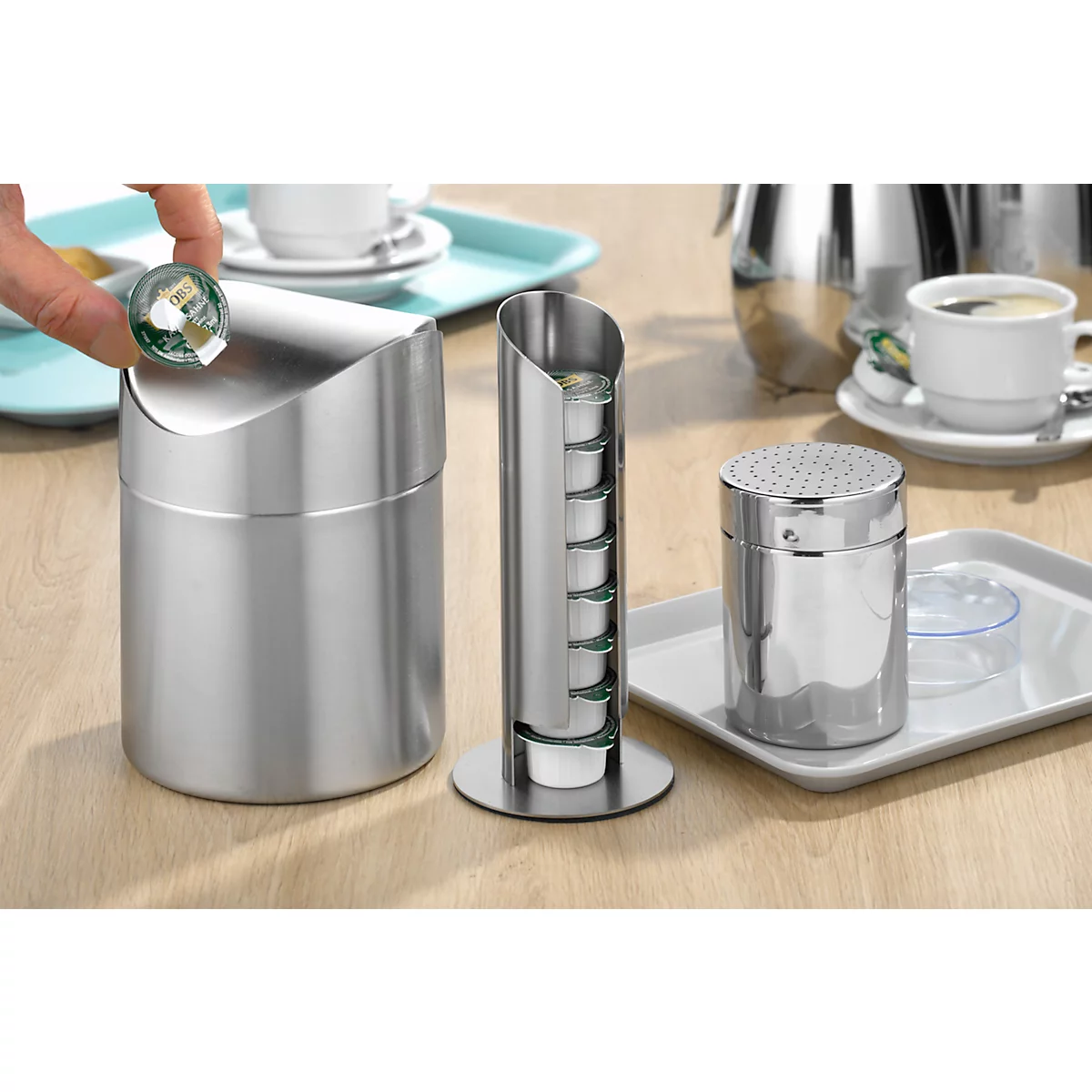 Milchkapselspender Caterado MEMPHIS, für 9 Portionspackungen, spülmaschinenfest, Ø 80 x H 175 mm, Edelstahl gebürstet, silber