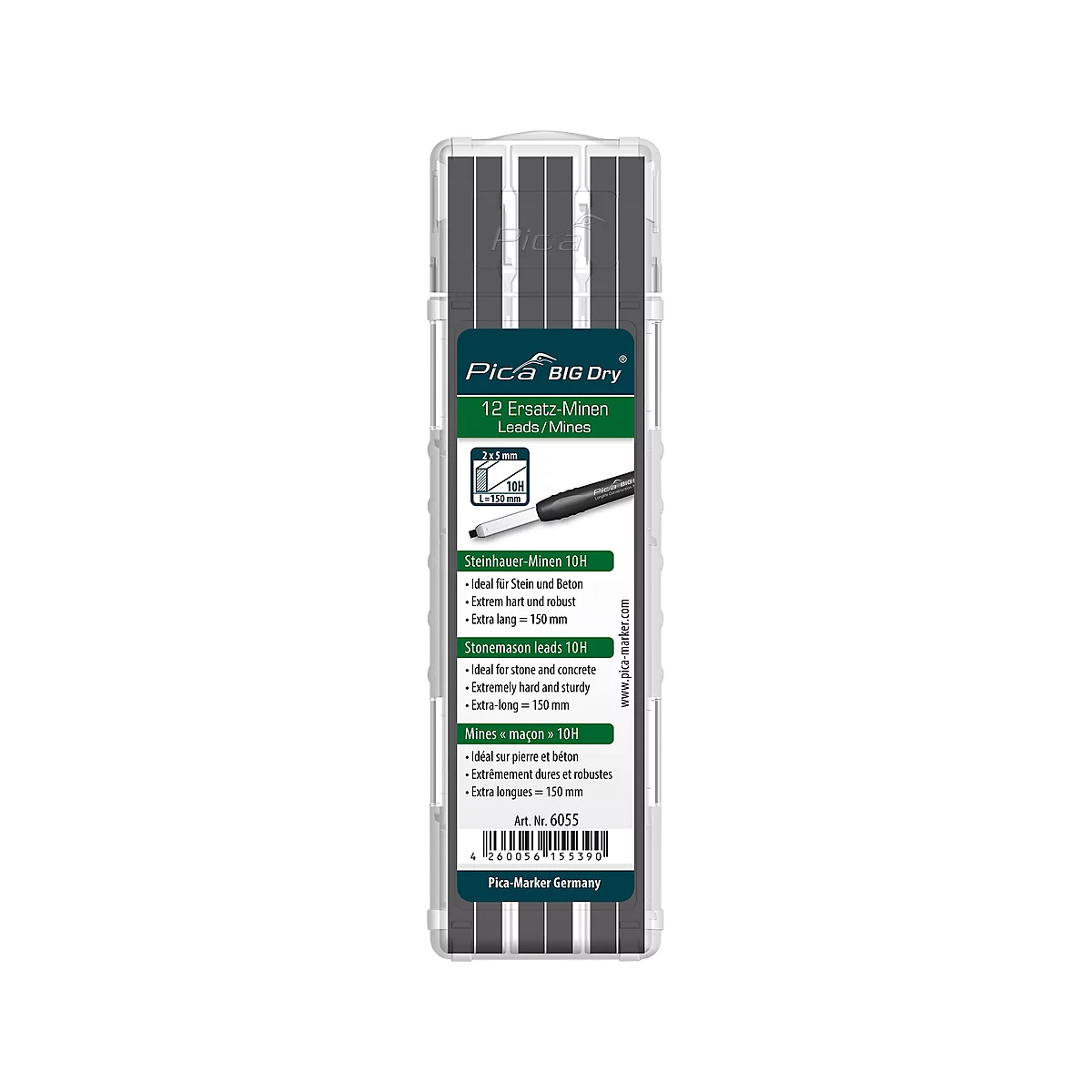 Mines de rechanges pour crayon de maçon BIG Dry 6055 Pica, graphite 10 H, pour pierre et béton, L 150 mm, avec étui, 12 p.