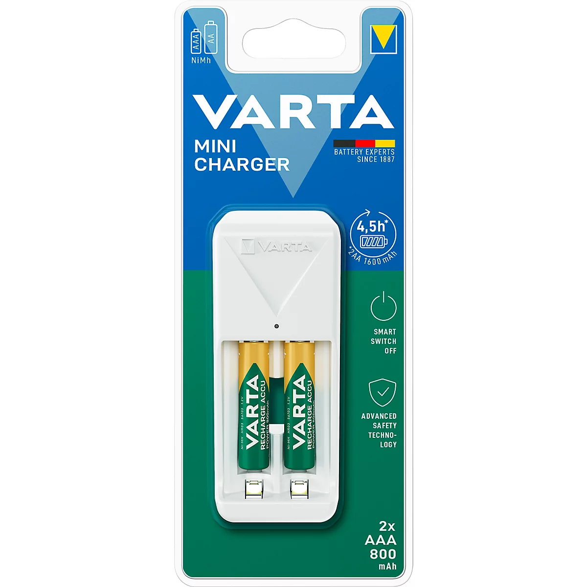 Mini Akkuladegerät für Batterien Varta, 2x AA/AAA, inkl. 2 AA-Akkus, Ladezeit 4,5 h, EU-Stecker, 100-240 V, B 43 x T 63 x H 102 mm, weiss