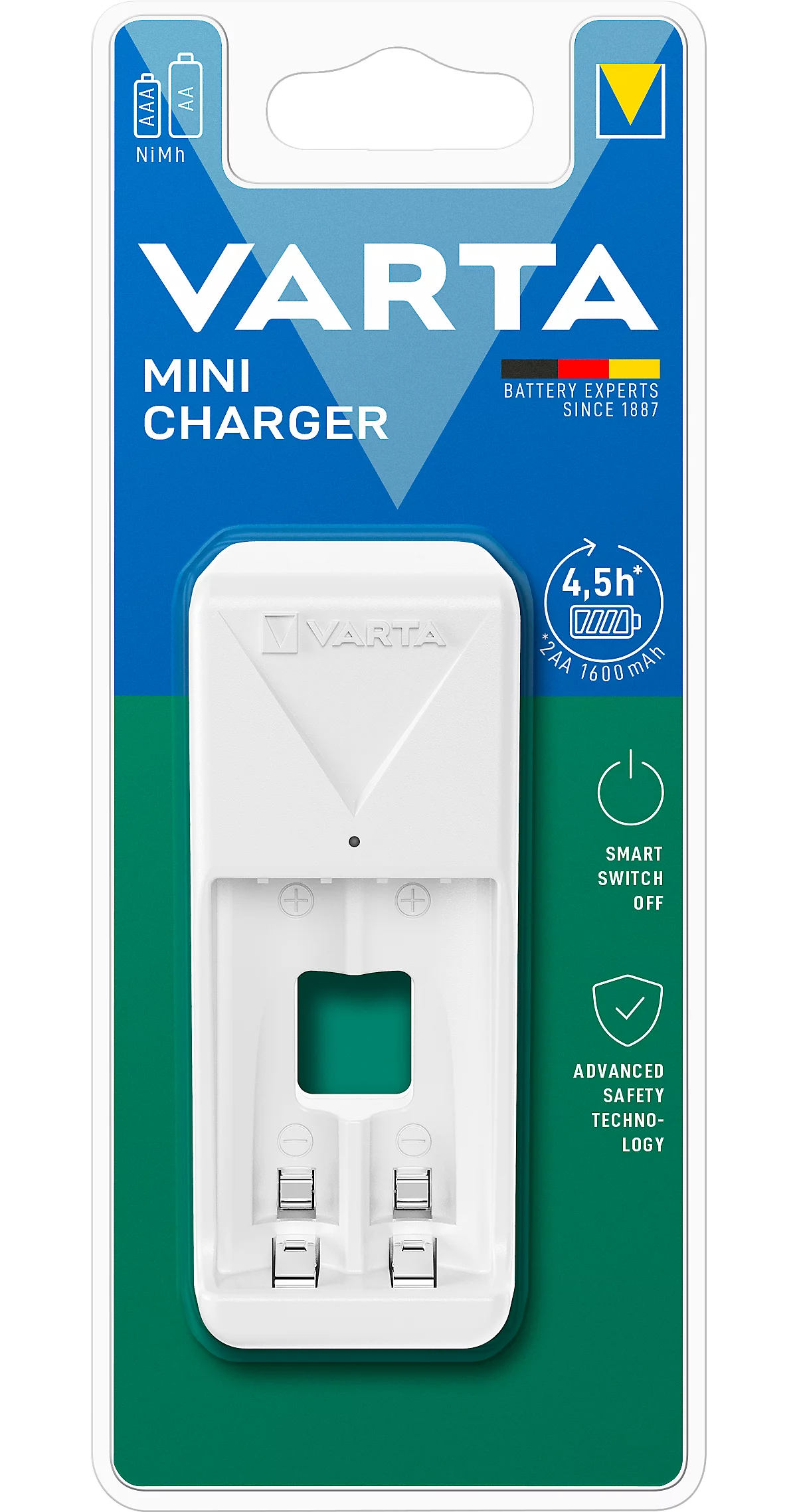 Mini Akkuladegerät für Batterien Varta, 2x AA/AAA, Ladezeit 4,5 h, EU-Stecker, 100-240 V, Timer-Abschaltung,B 43 x T 63 x H 103 mm, weiß