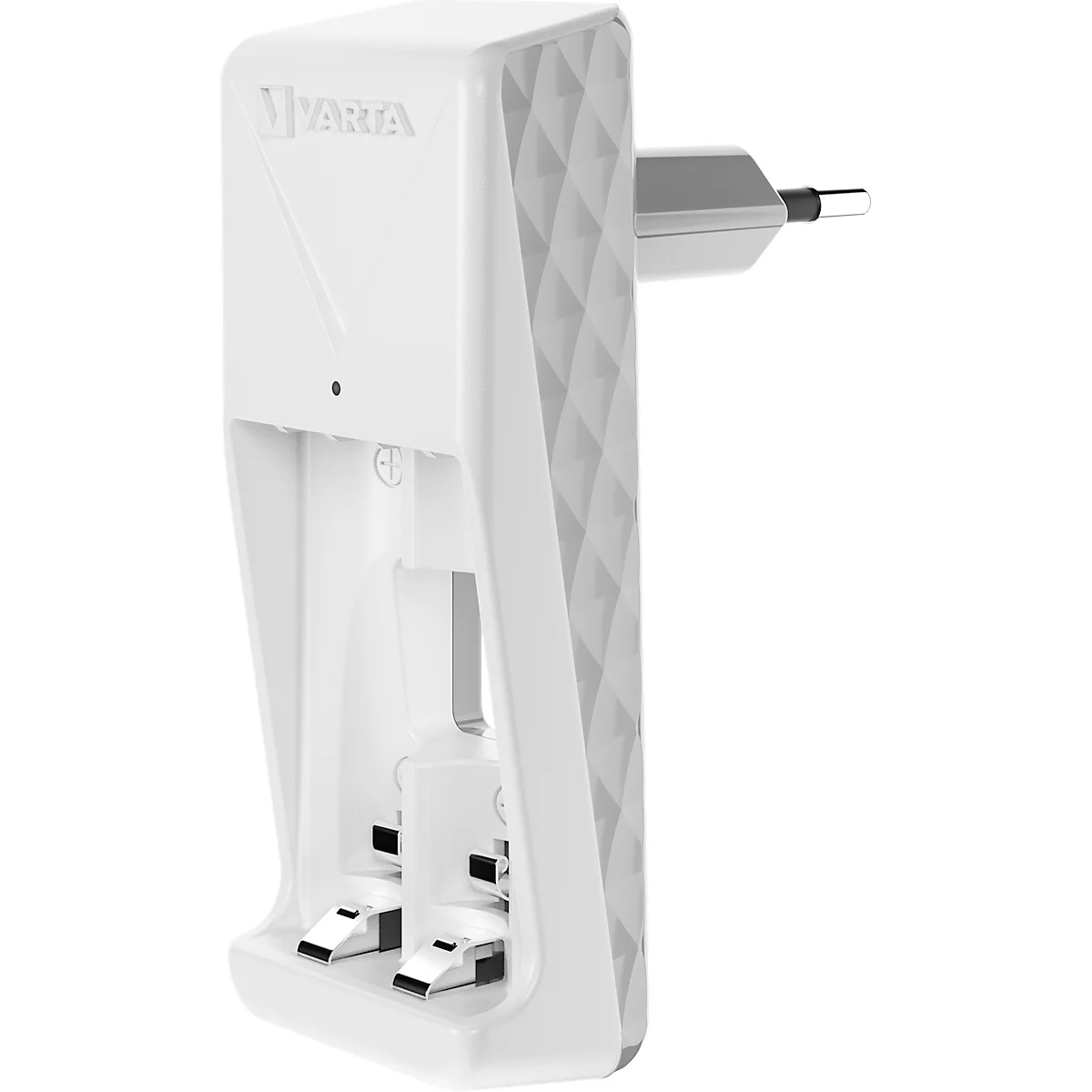 White battery charger with Varta logo, plug and charging slots.