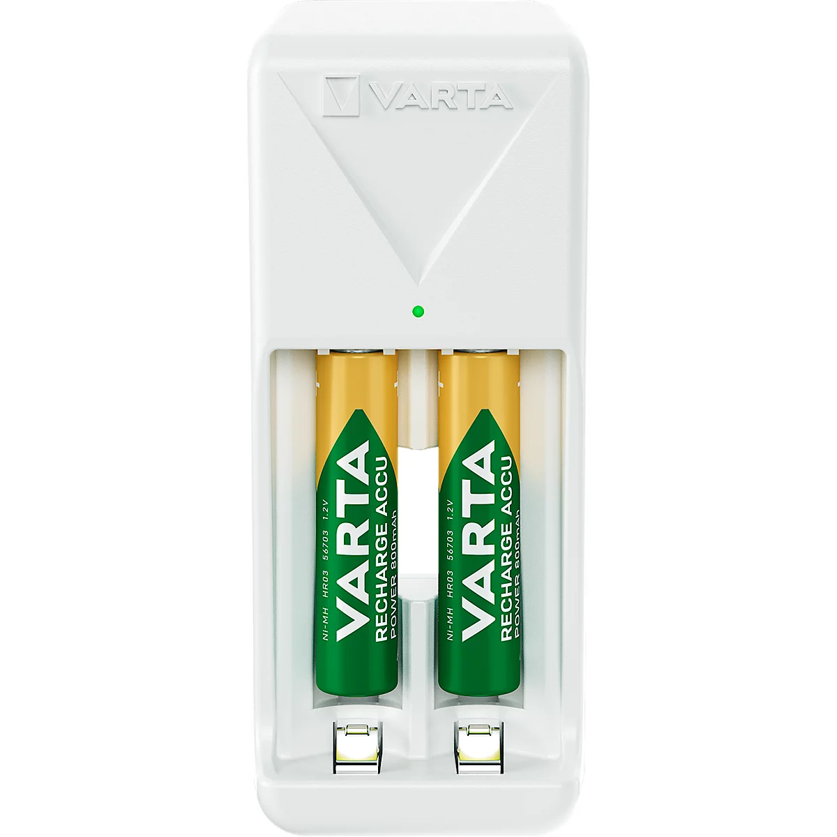 A white charger with two batteries inserted from the brand VARTA. At the top is a green dot.