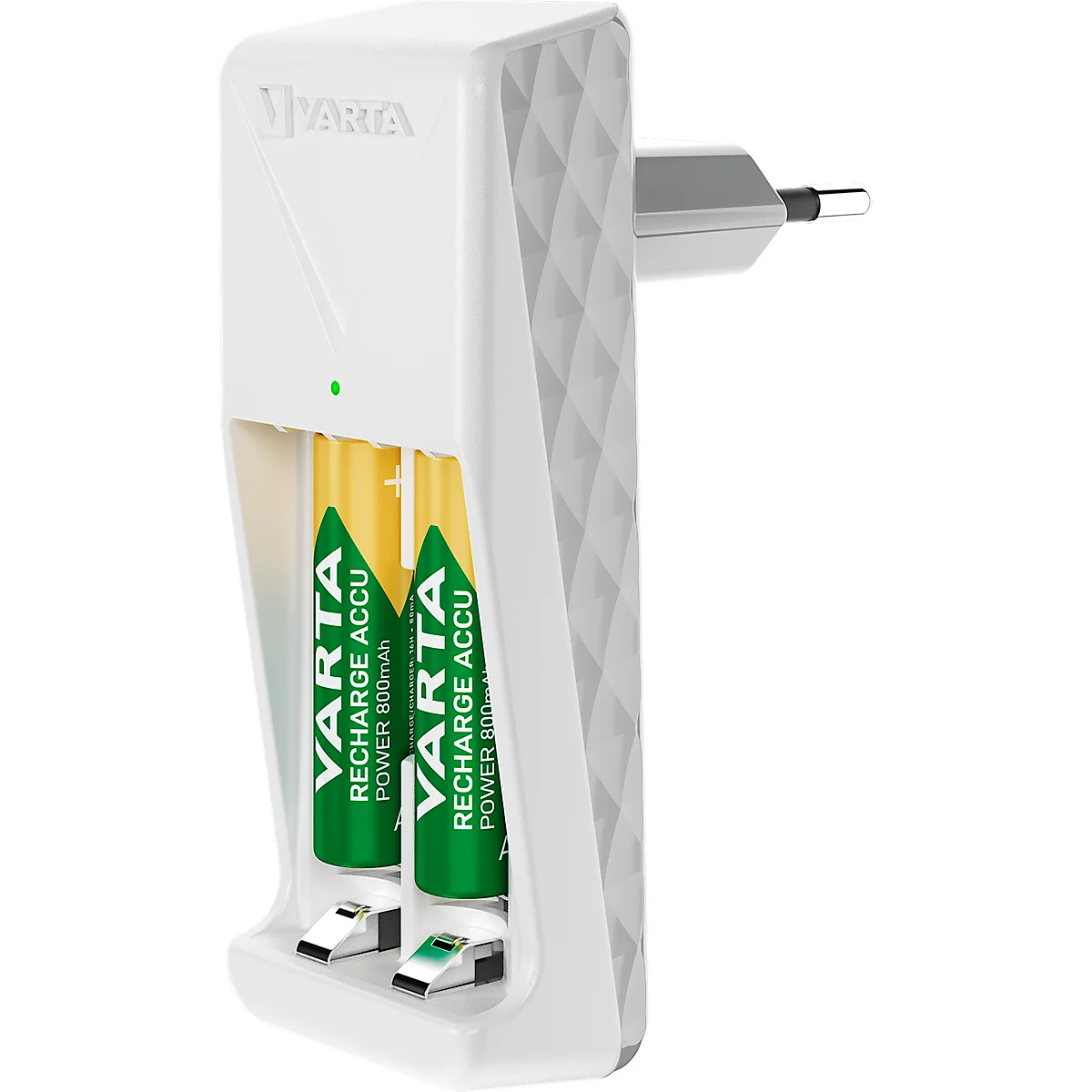 White Varta charger with two yellow-green batteries. Plug and green LED.