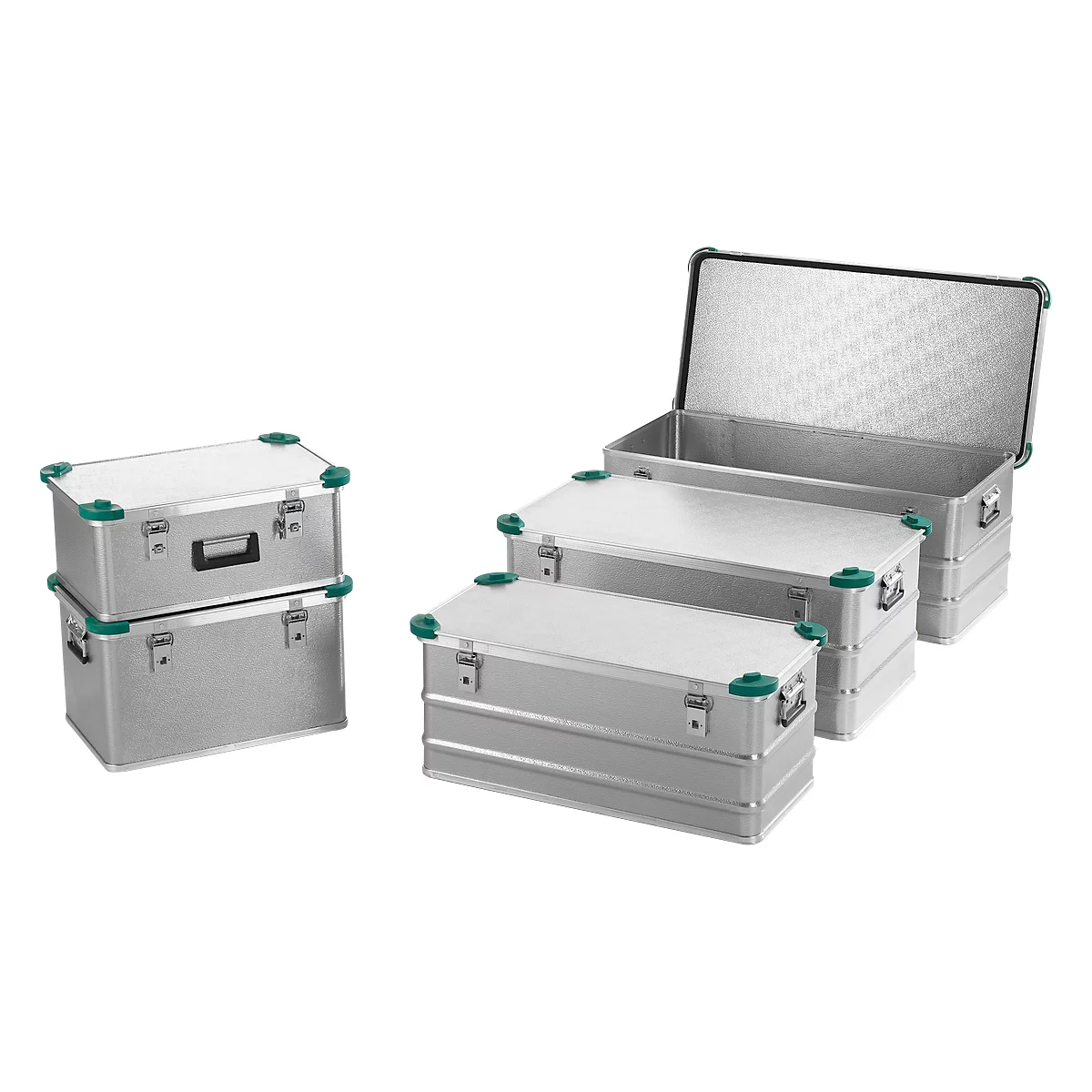 Several aluminum cases with green corners and closures, one open, stacked.