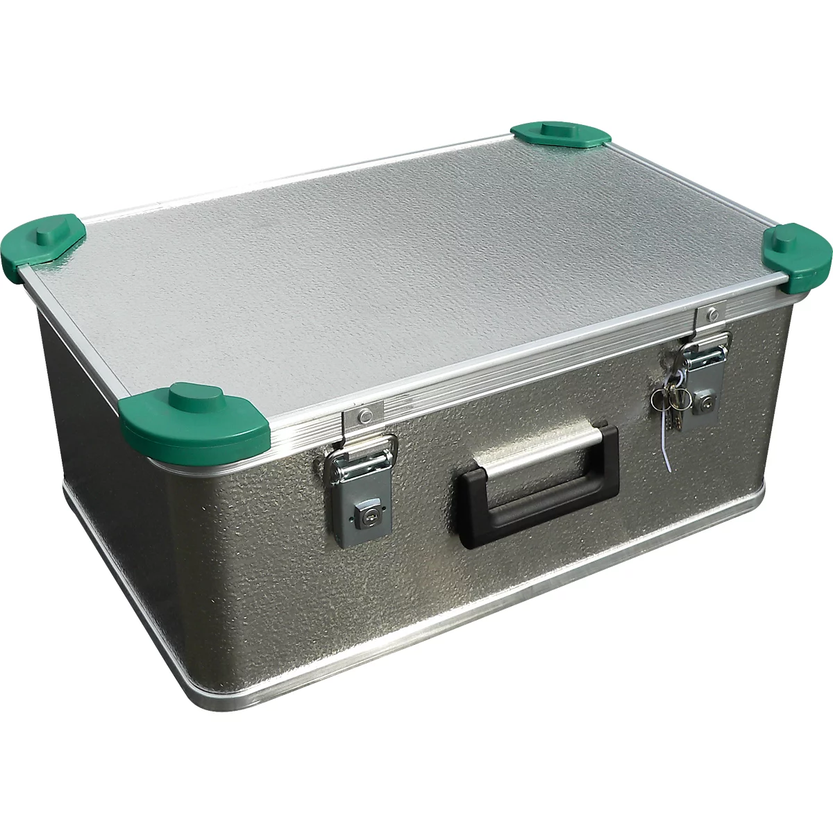 Silver transport box with green corners and handle. Two silver snap fasteners.