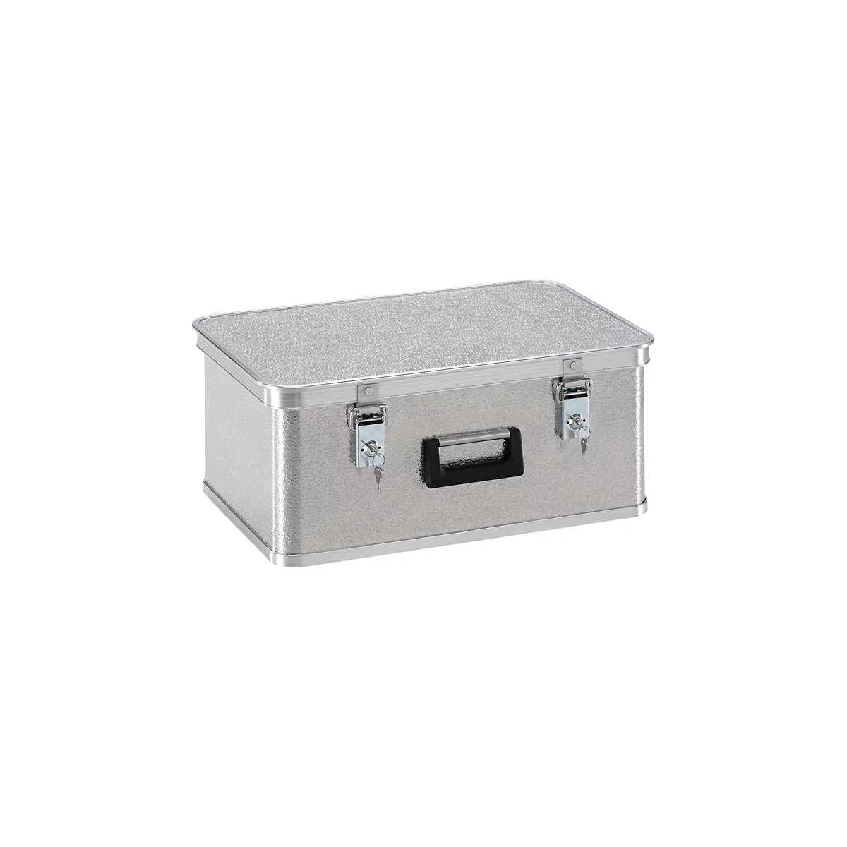Silver transport box with two latches and a black handle. The box has a ribbed surface.