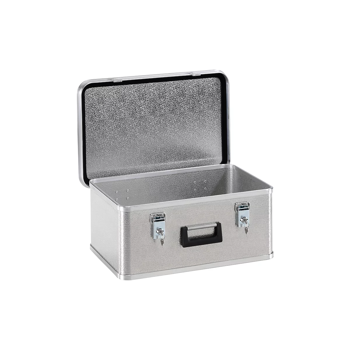 Open silver suitcase with handle and two locks.