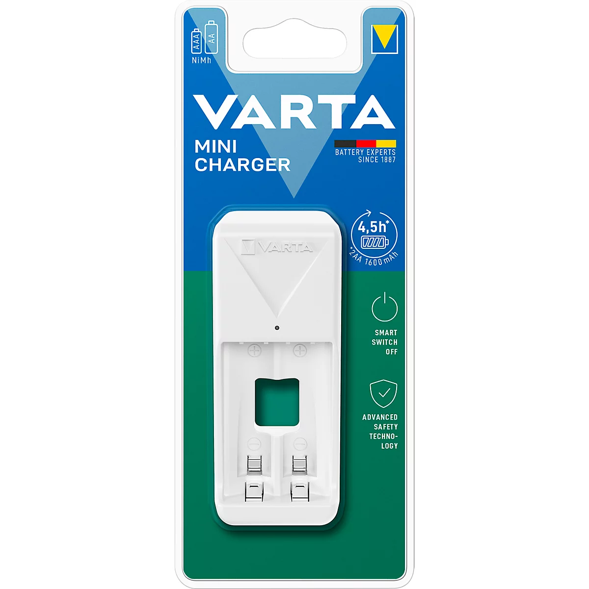Mini chargeur de piles Varta, 2x AA/AAA, temps de charge 4,5 h, fiche EU, 100-240 V, arrêt par minuterie,L 43 x P 63 x H 103 mm, blanc