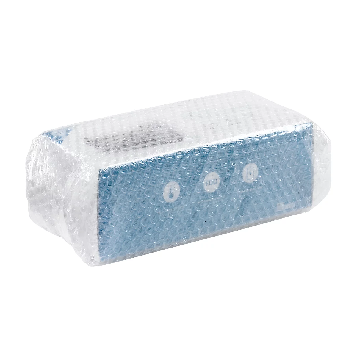 Appareil bleu clair dans du film à bulles. Trois boutons blancs. Inscription.