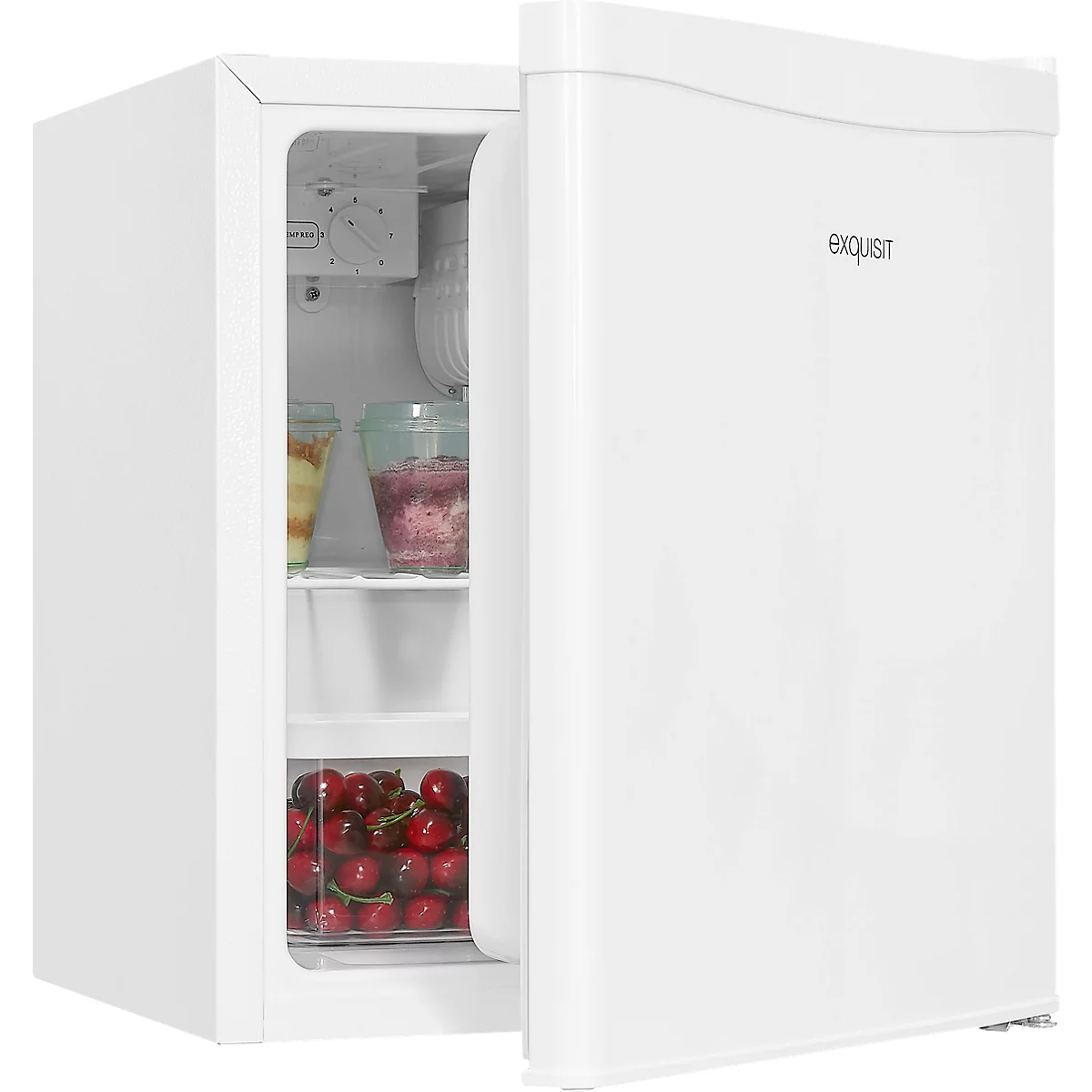 Mini Kühlschrank exquisit, 70 W, 43 l, 41 dB, 2 Fächer/1 Gefrierfach/2 Türfächer, Türanschlag wechselbar, B 440 x T 470 x H 510 mm, weiß