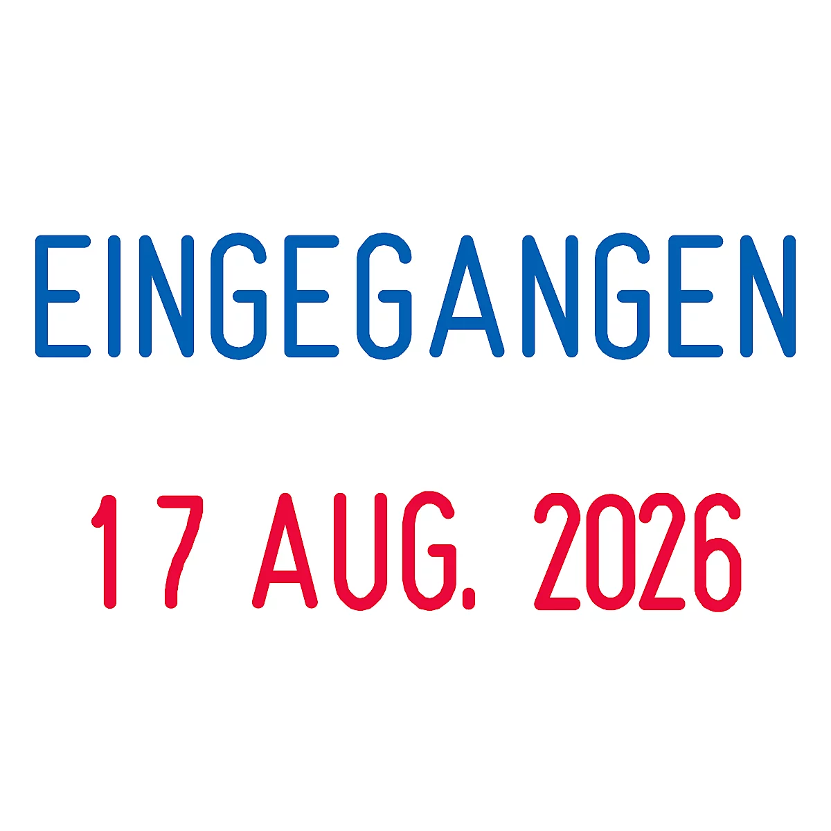 Text field with blue lettering 'EINGEGANGEN' and red date '17. AUG. 2026'.