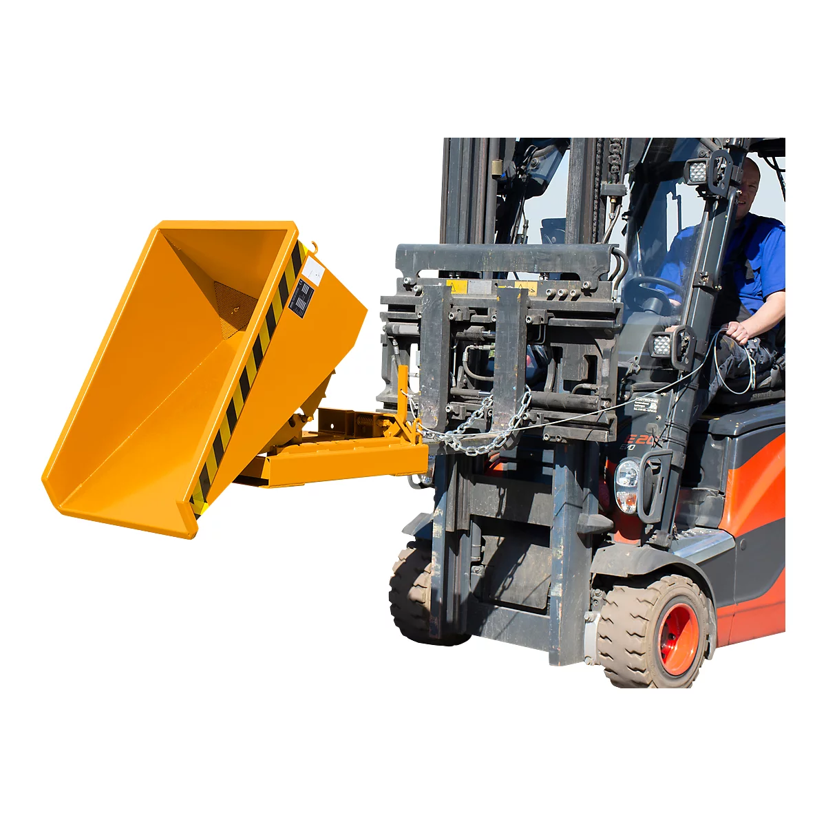 Mini-Spänebehälter Typ EXPO-E 150, Seilzug-Kippvorgang, Inhalt 0,15 m³, bis 750 kg, gelborange RAL 2000