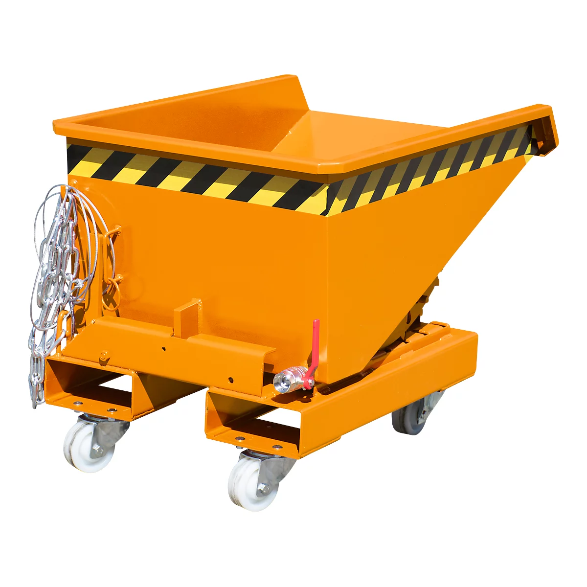Mini-Spänebehälter Typ EXPO-E 150, Seilzug-Kippvorgang, Inhalt 0,15 m³, bis 750 kg, gelborange RAL 2000